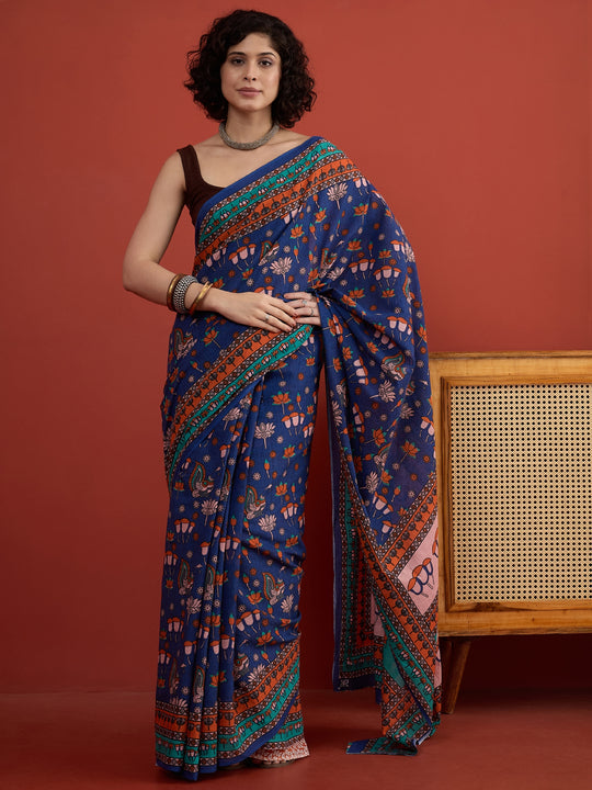 Blue Peacock Lotus Motif Saree