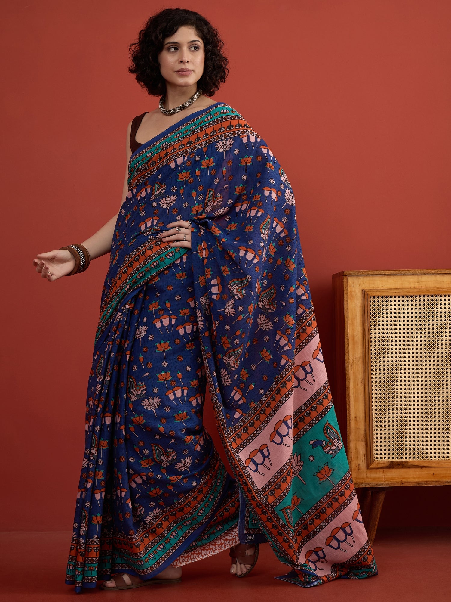 Blue Peacock Lotus Motif Saree
