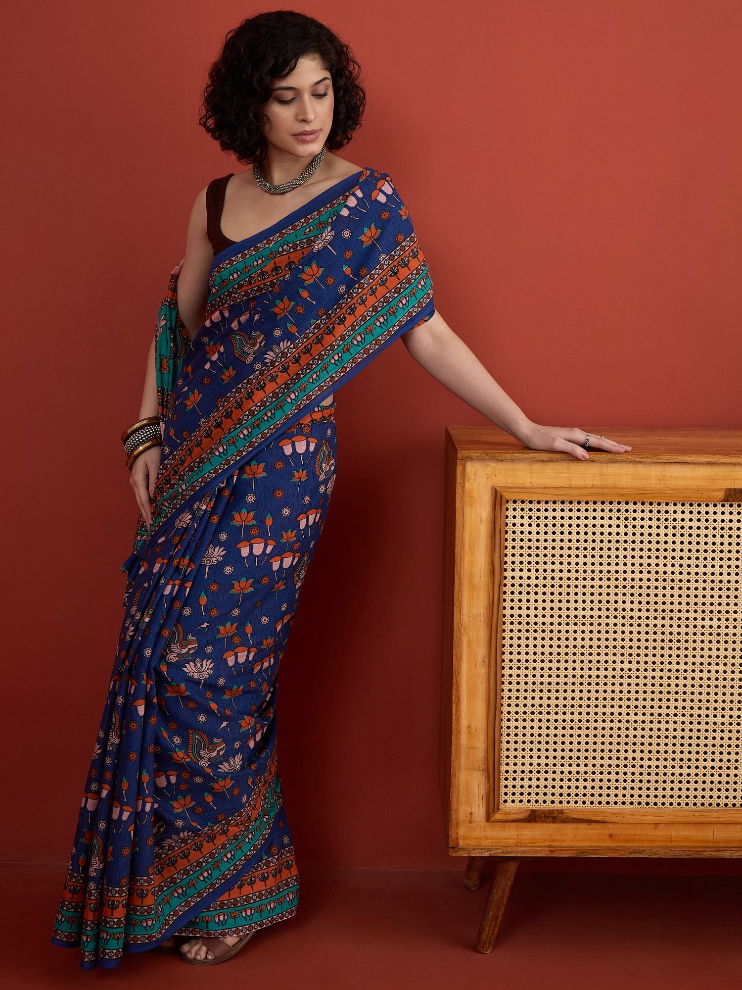 Blue Peacock Lotus Motif Saree