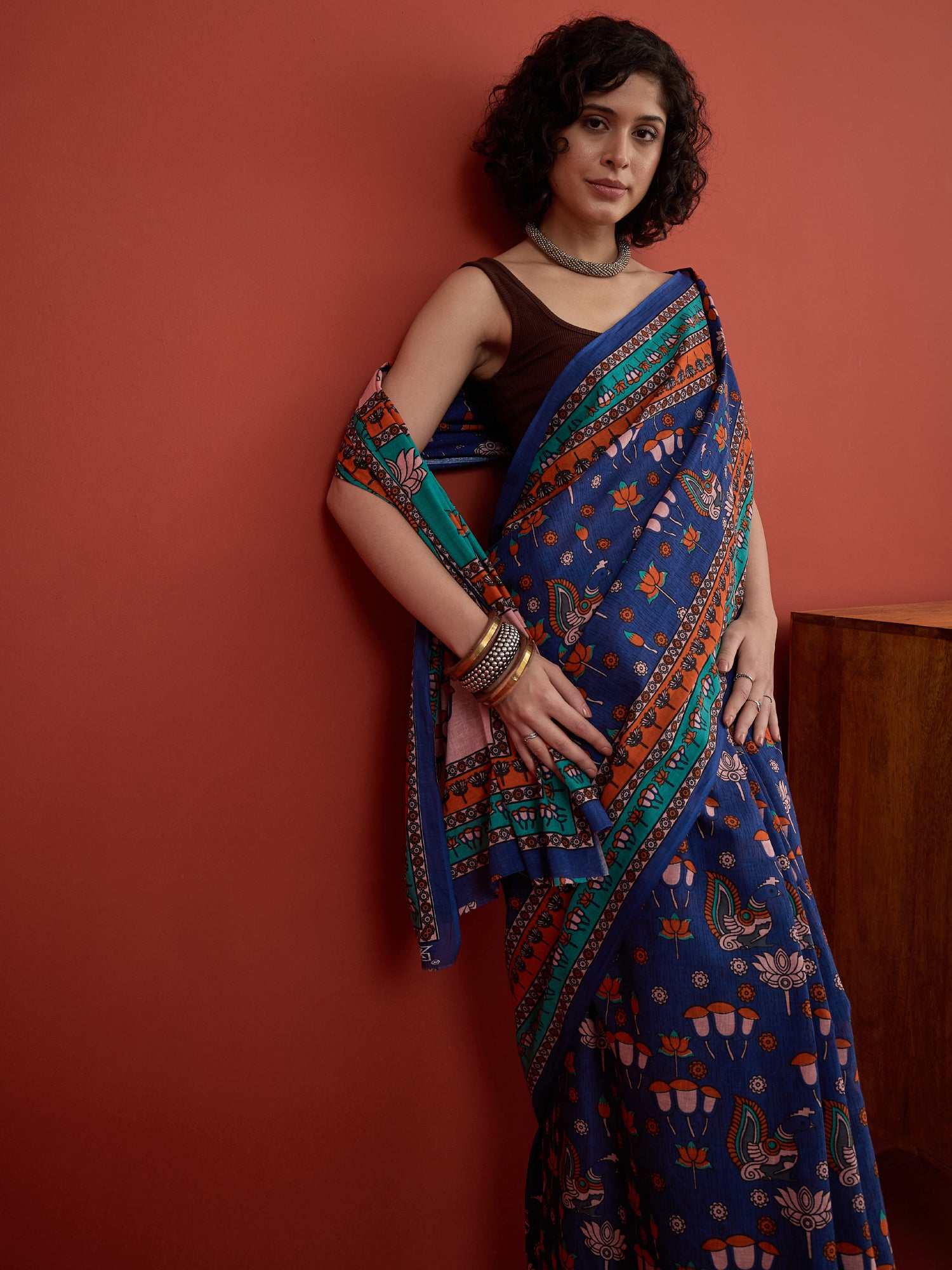 Blue Peacock Lotus Motif Saree