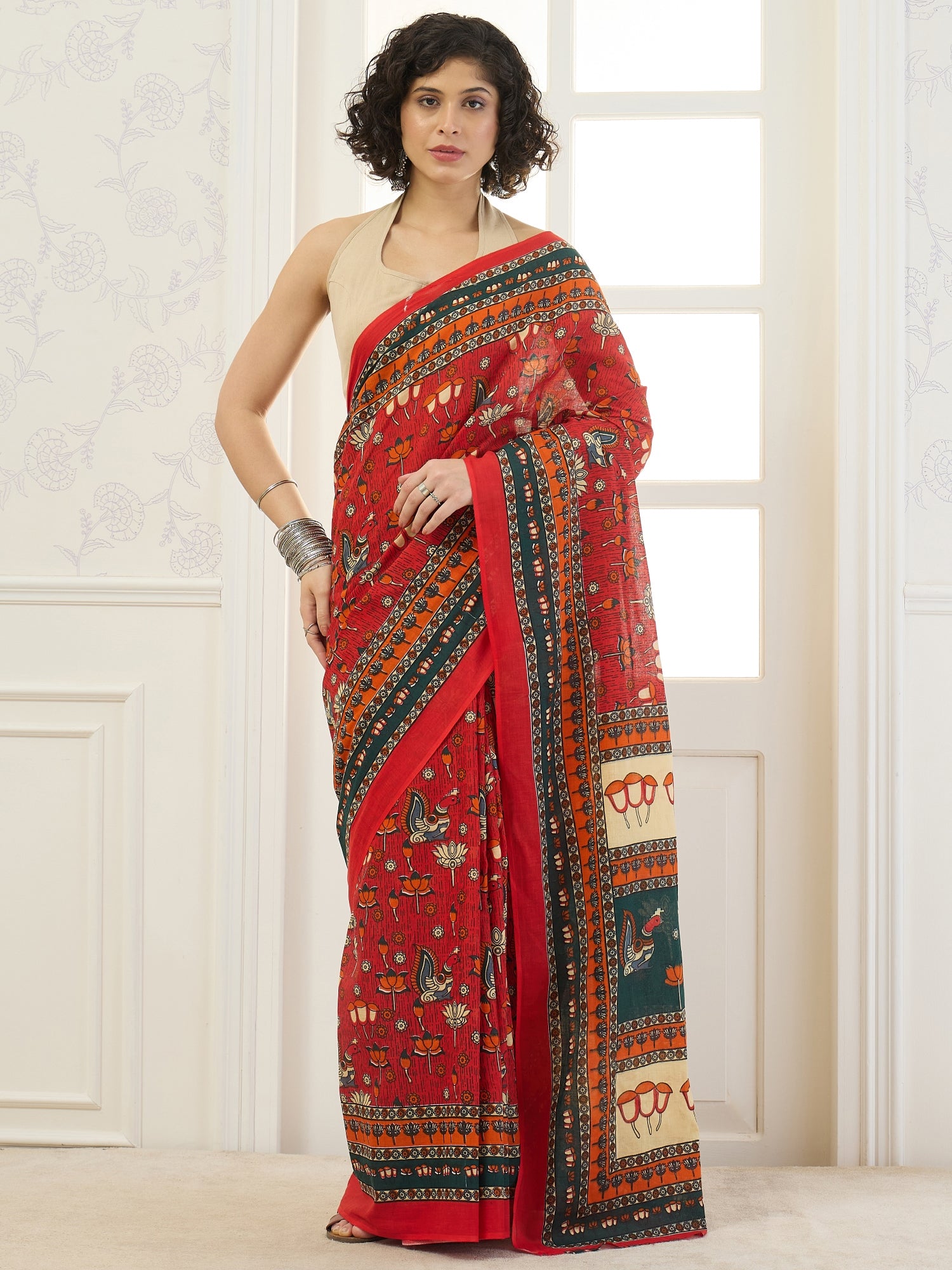 Red Peacock Lotus Motif Saree