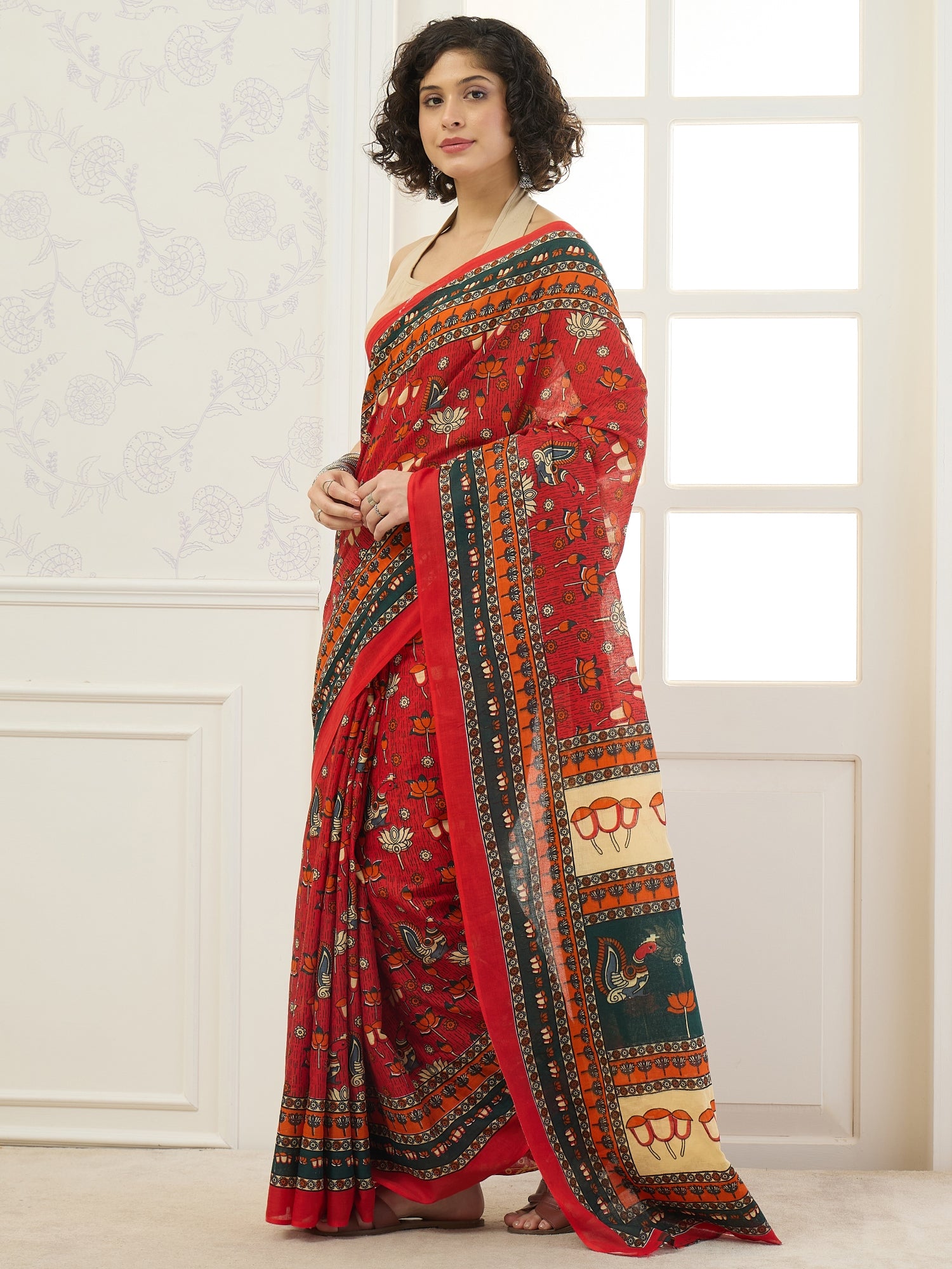 Red Peacock Lotus Motif Saree