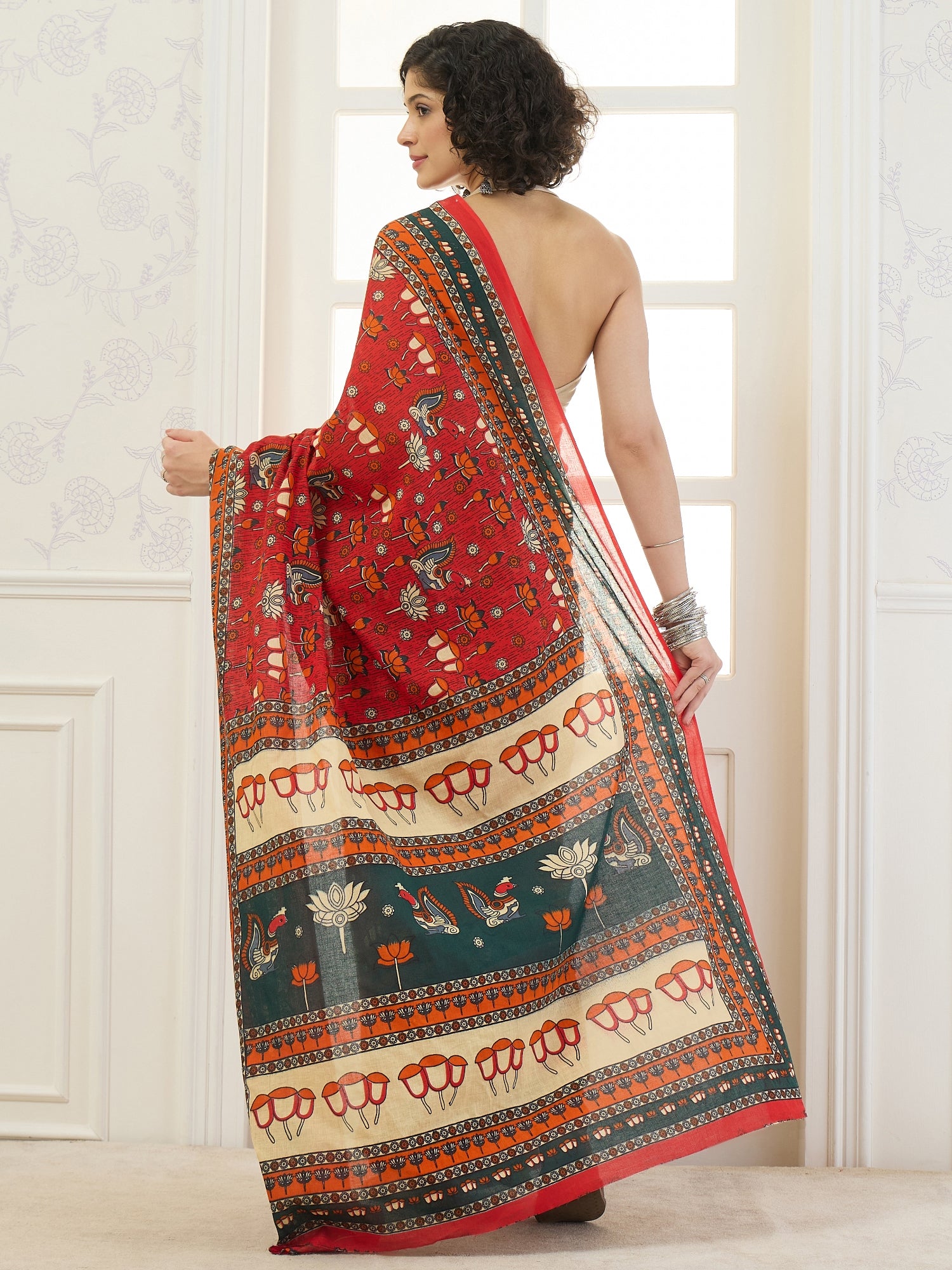 Red Peacock Lotus Motif Saree