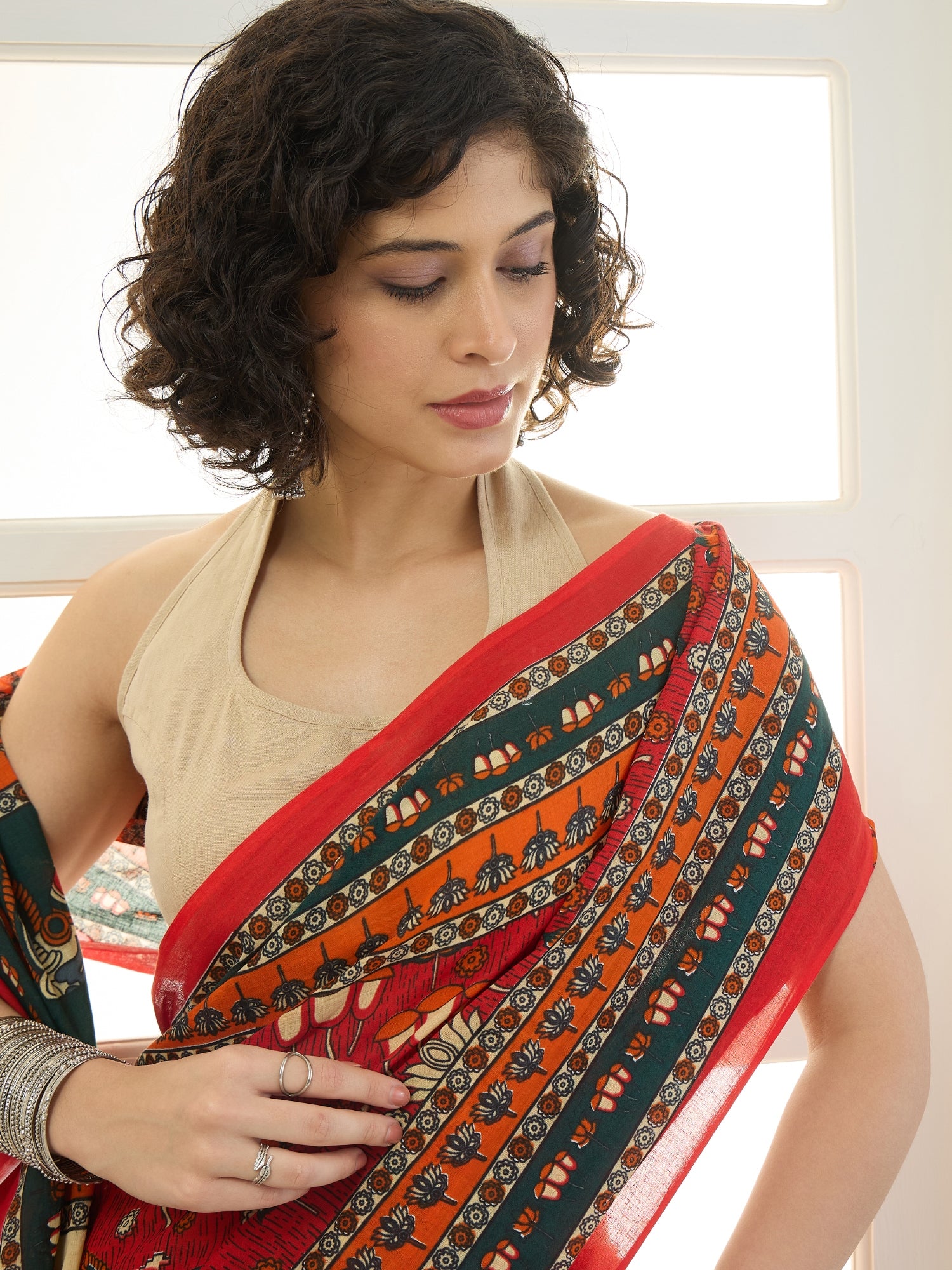 Red Peacock Lotus Motif Saree