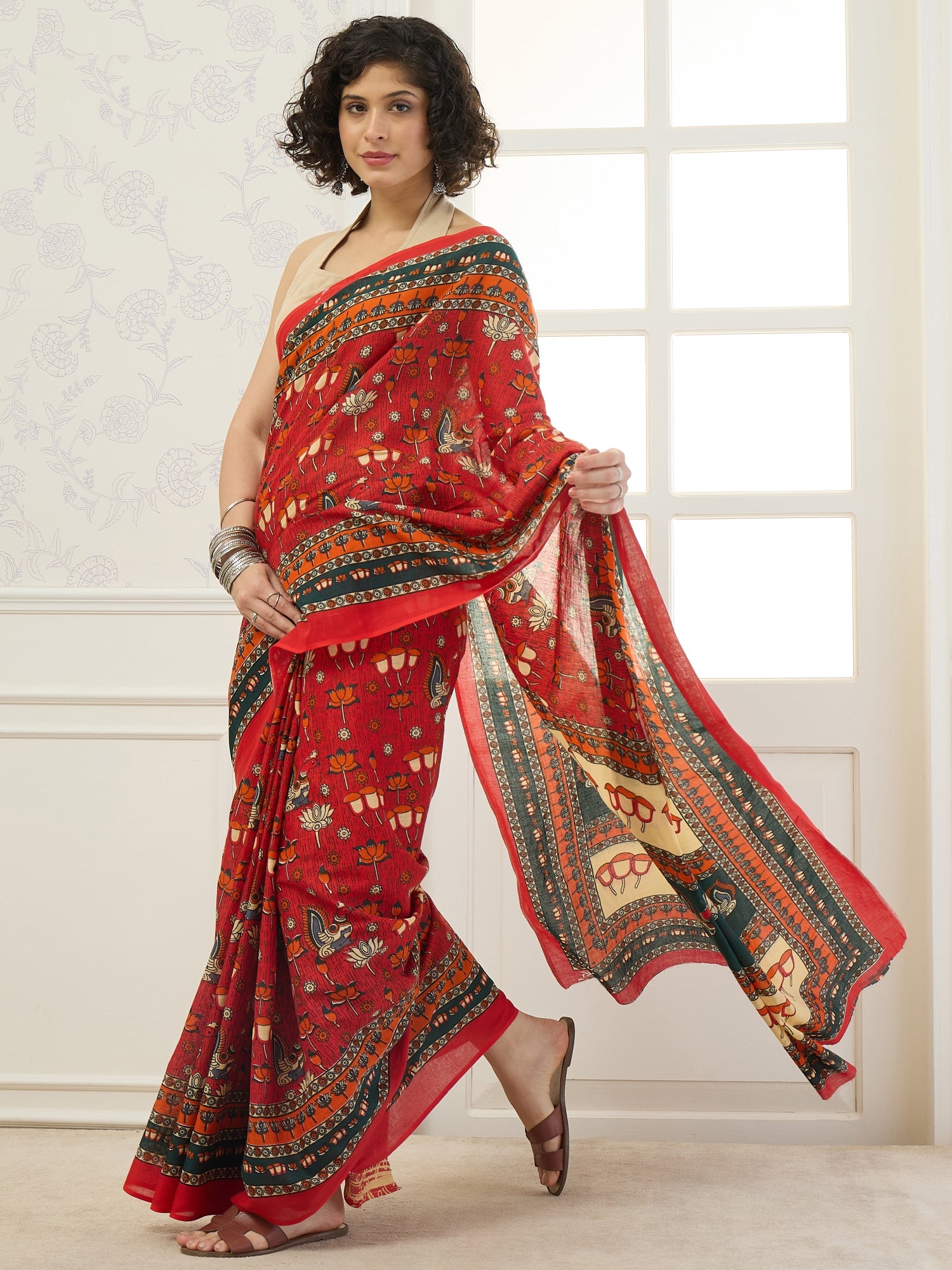 Red Peacock Lotus Motif Saree