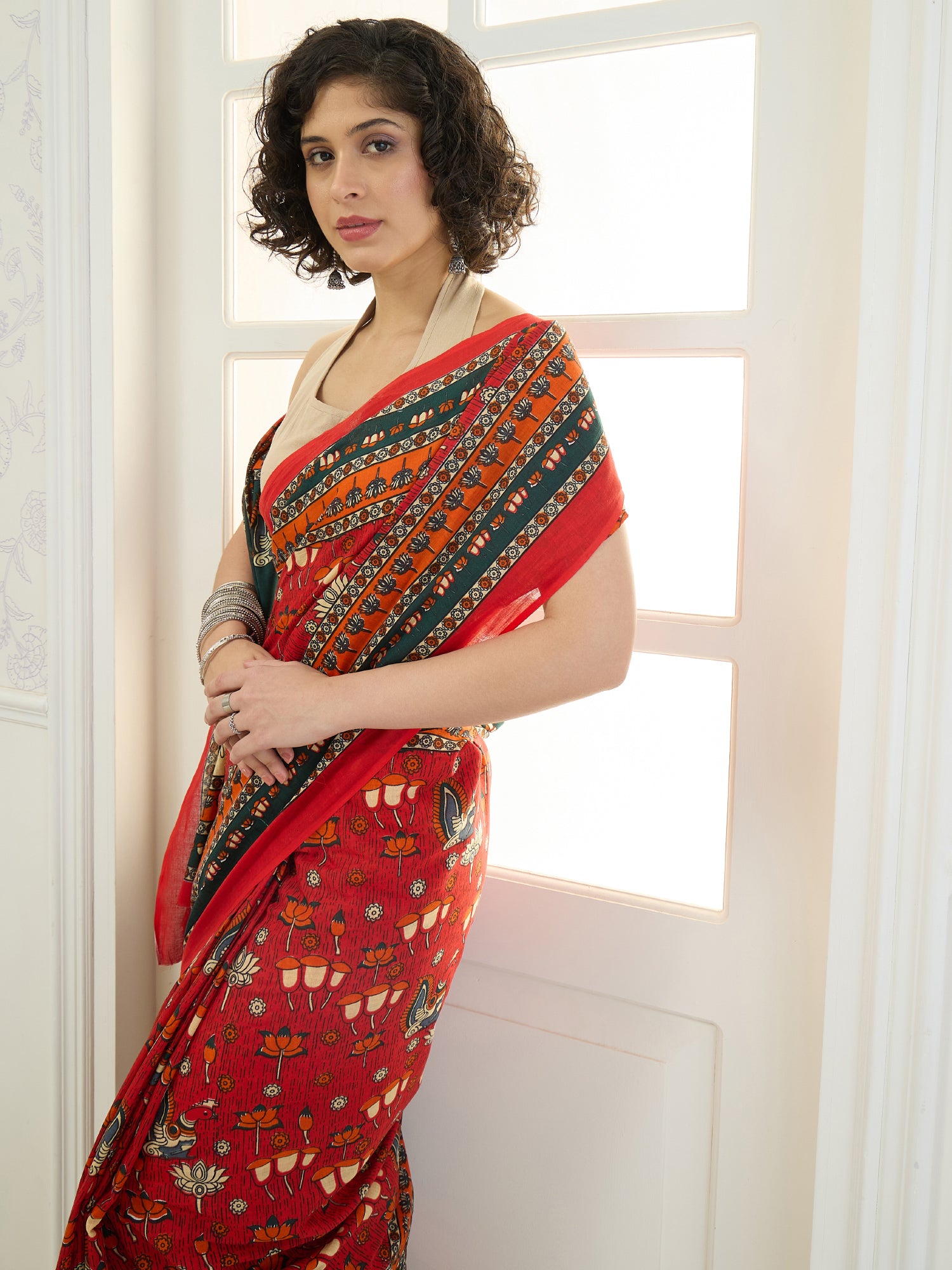 Red Peacock Lotus Motif Saree