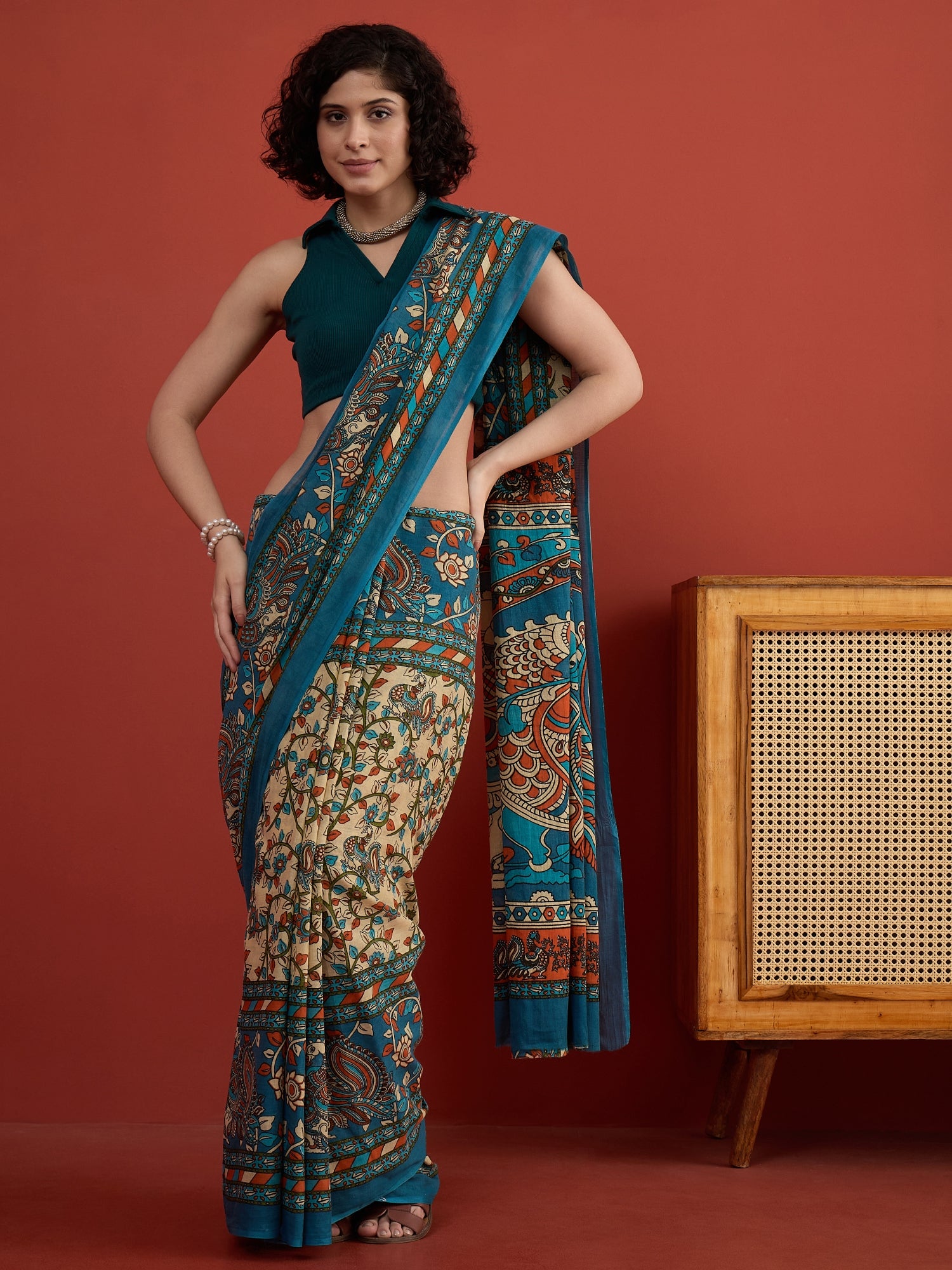 Beige Blue Kalamkari Saree