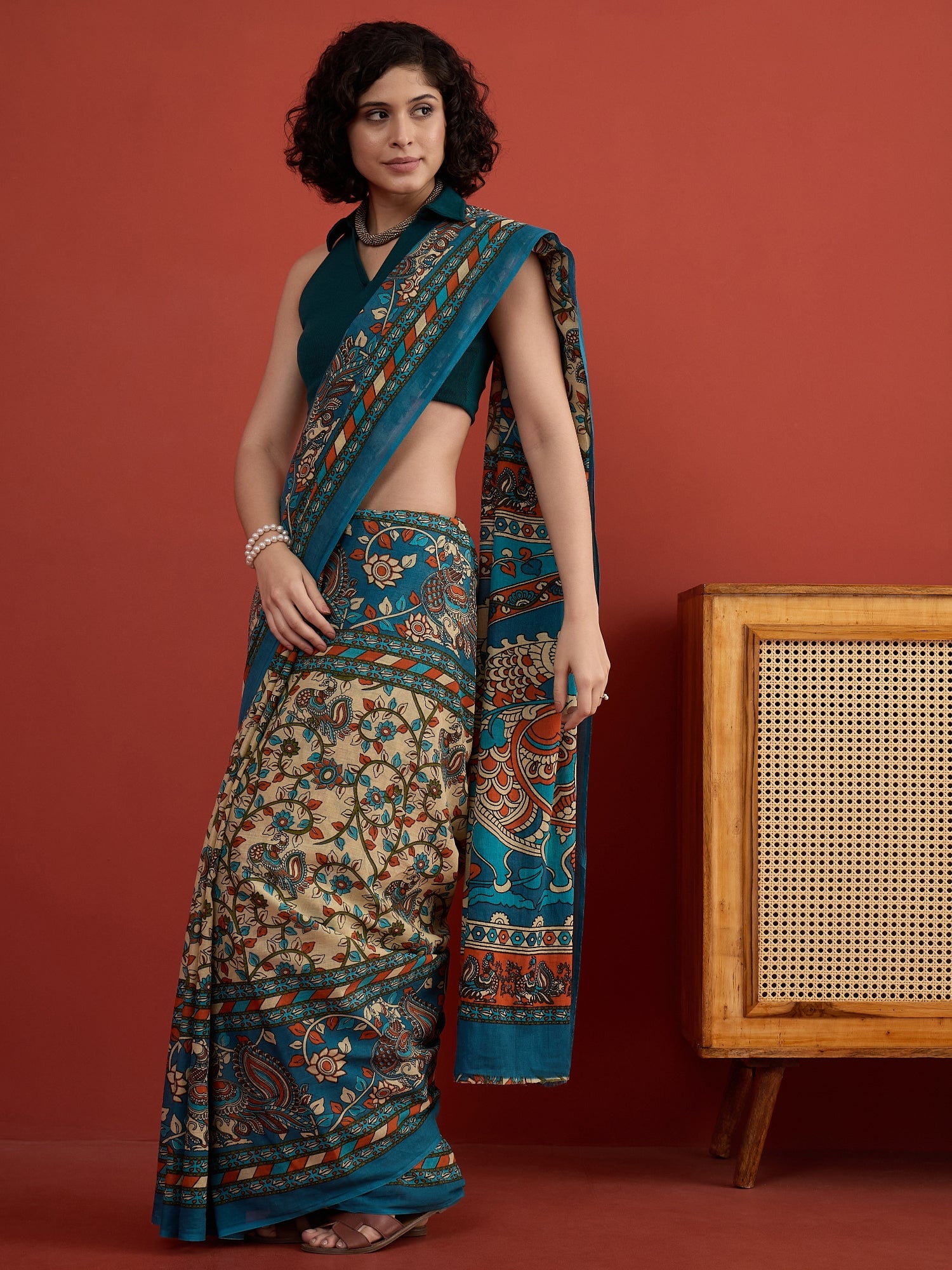 Beige Blue Kalamkari Saree