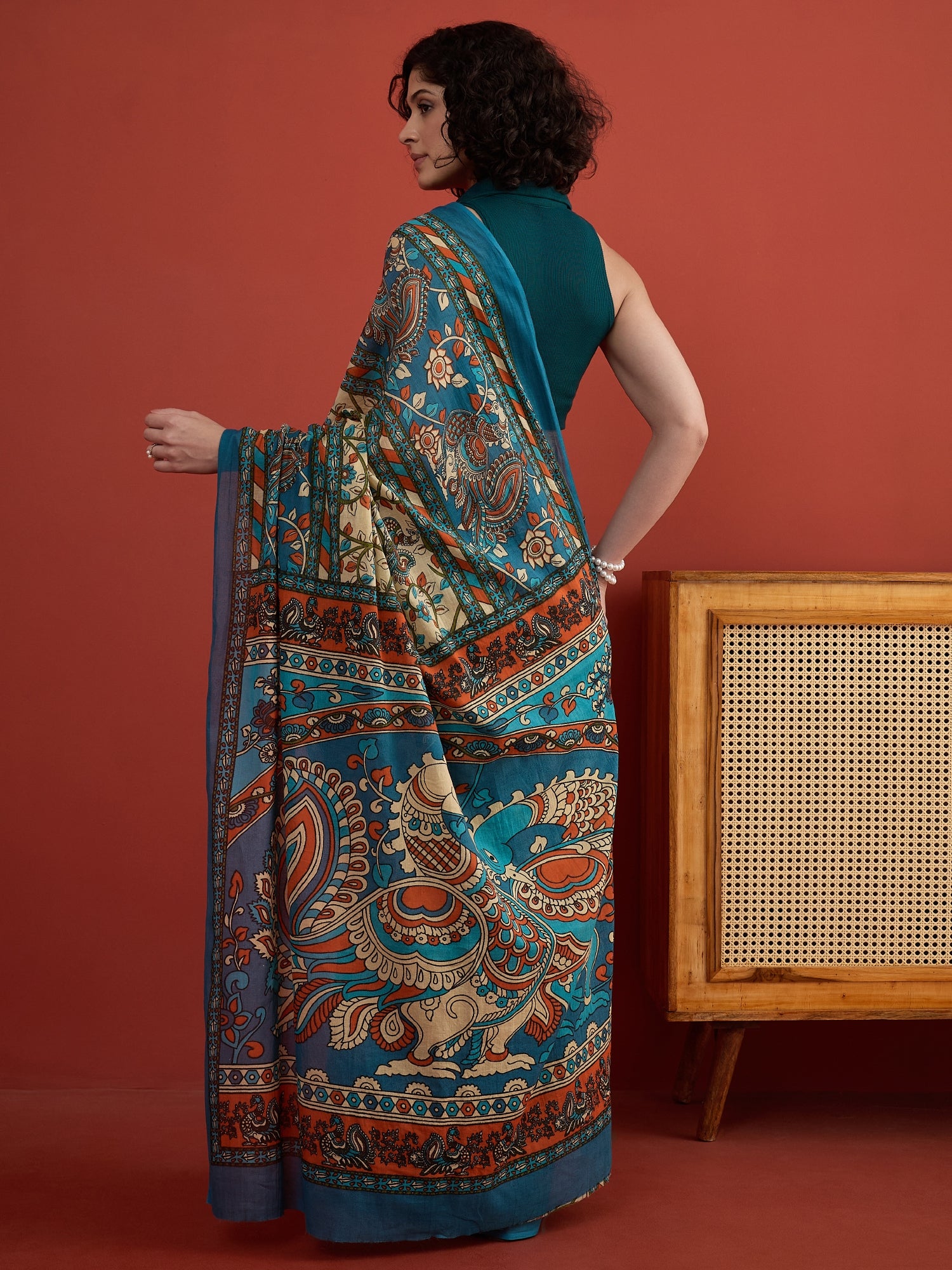 Beige Blue Kalamkari Saree