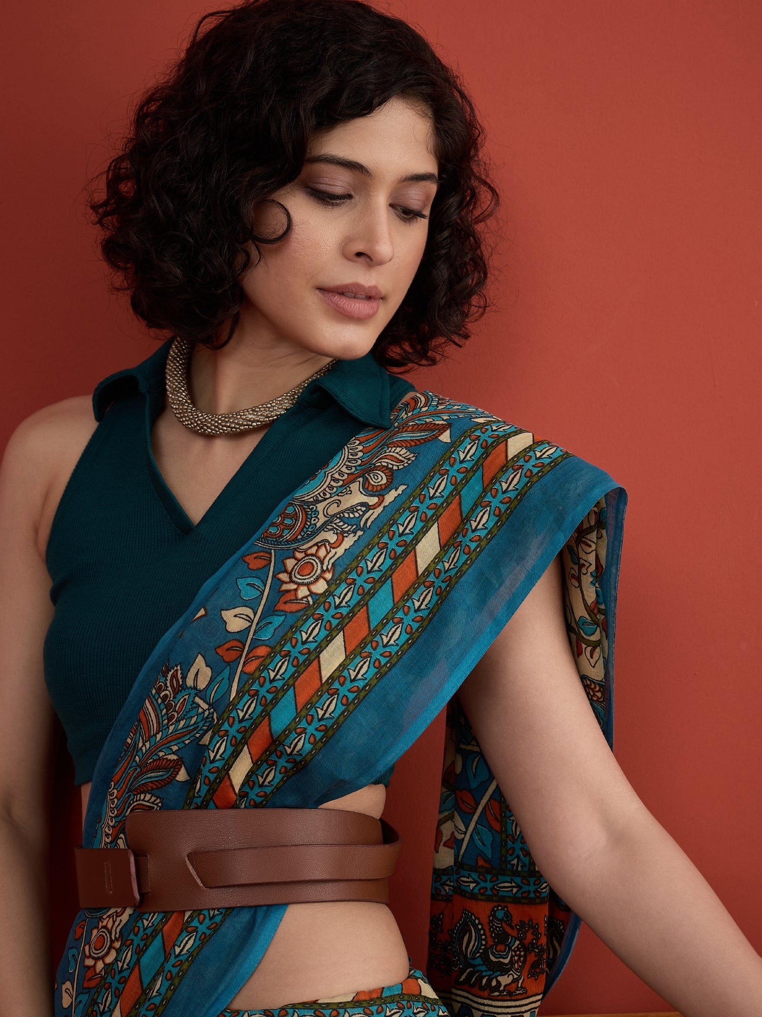 Beige Blue Kalamkari Saree