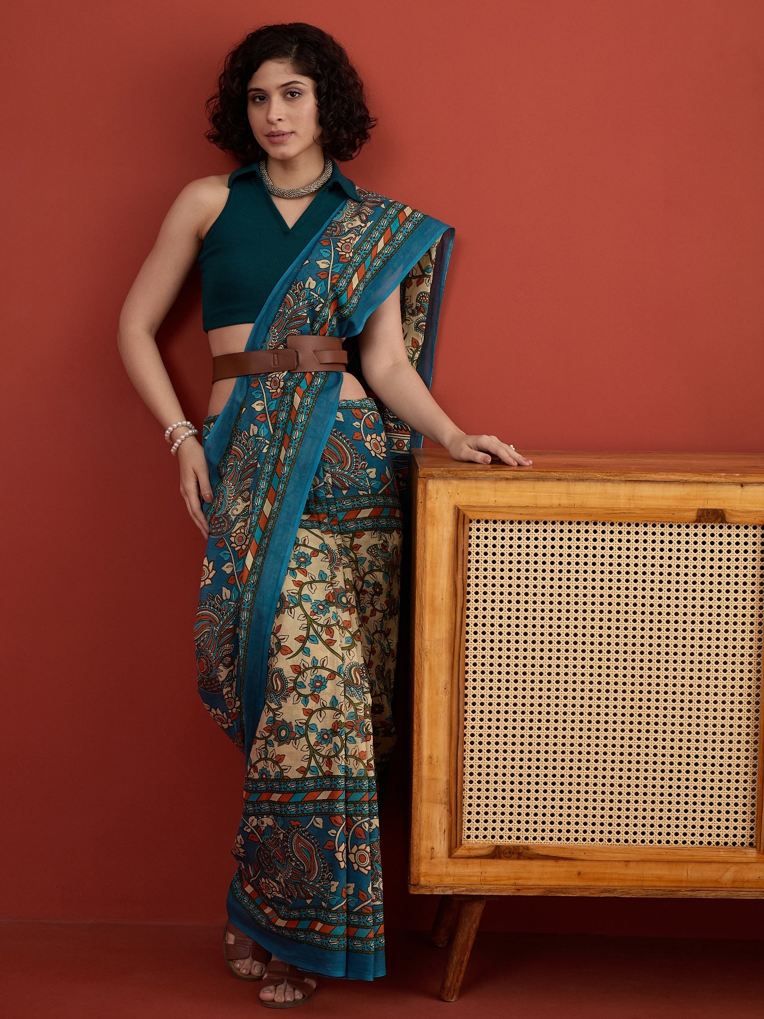 Beige Blue Kalamkari Saree
