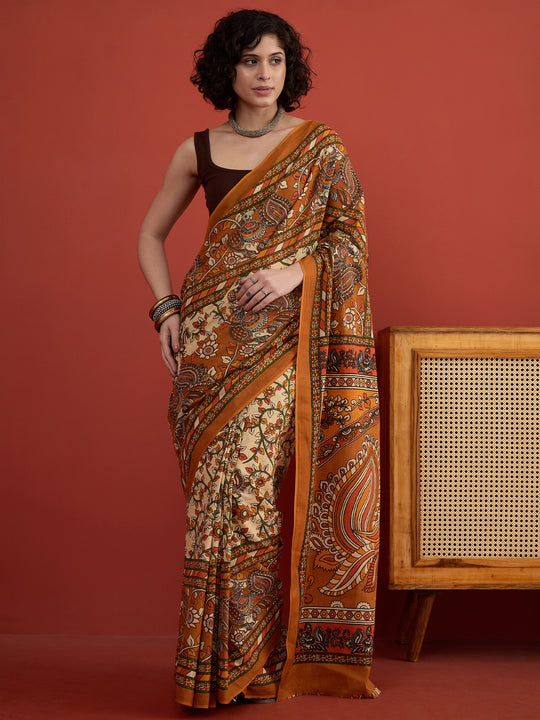 Beige Mustard Kalamkari Saree
