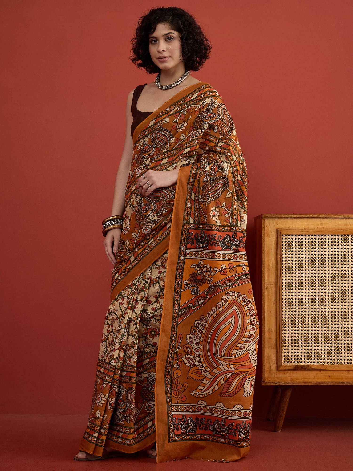 Beige Mustard Kalamkari Saree