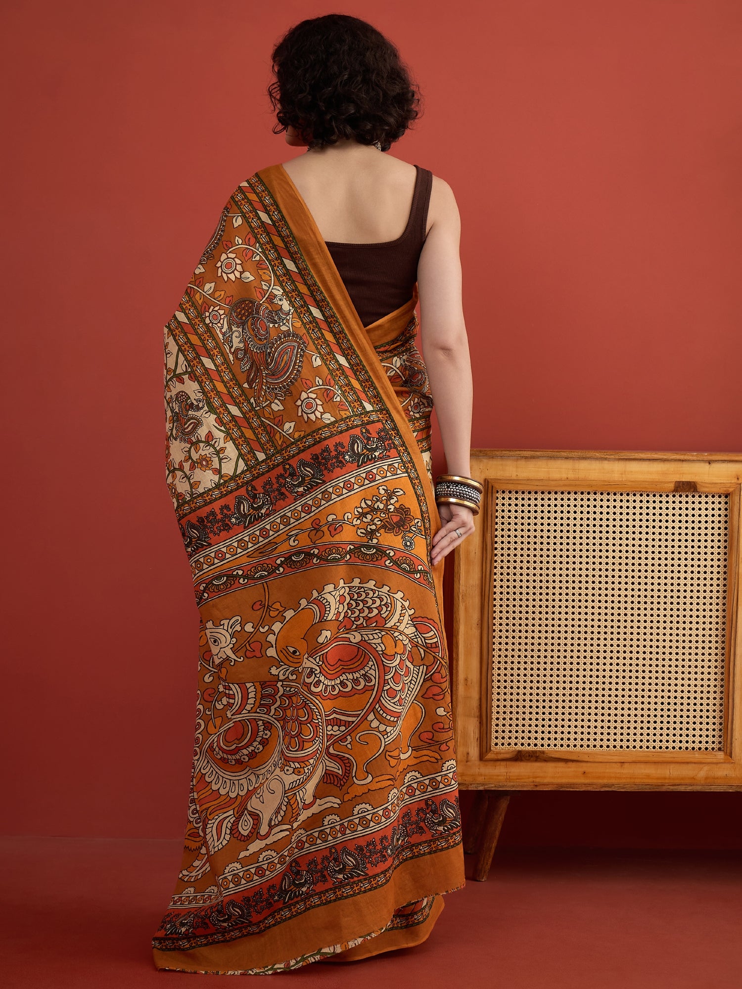 Beige Mustard Kalamkari Saree