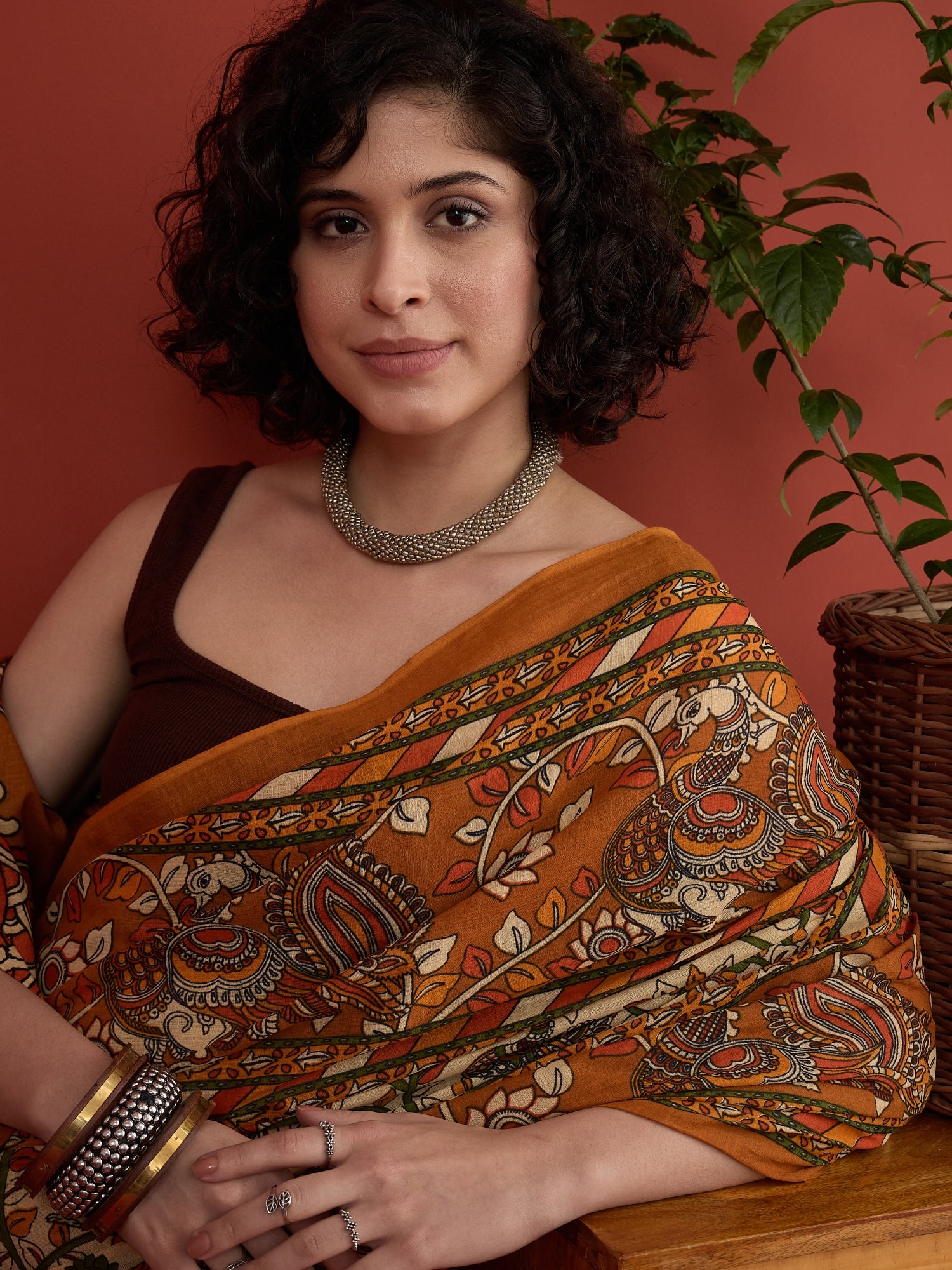Beige Mustard Kalamkari Saree