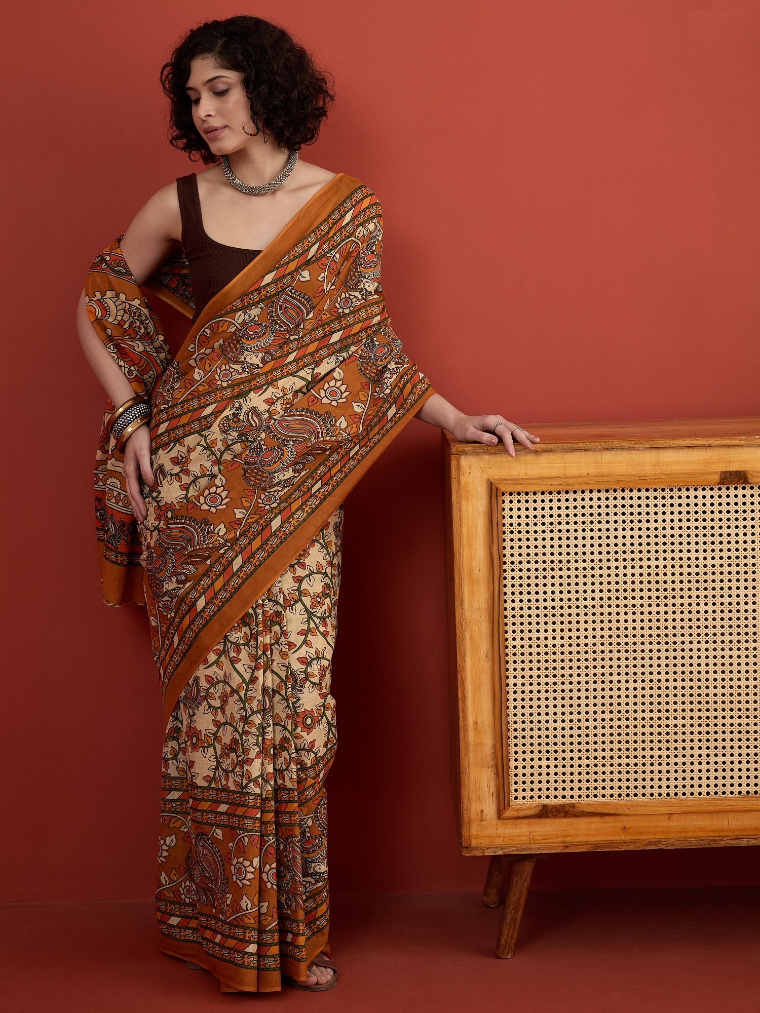 Beige Mustard Kalamkari Saree