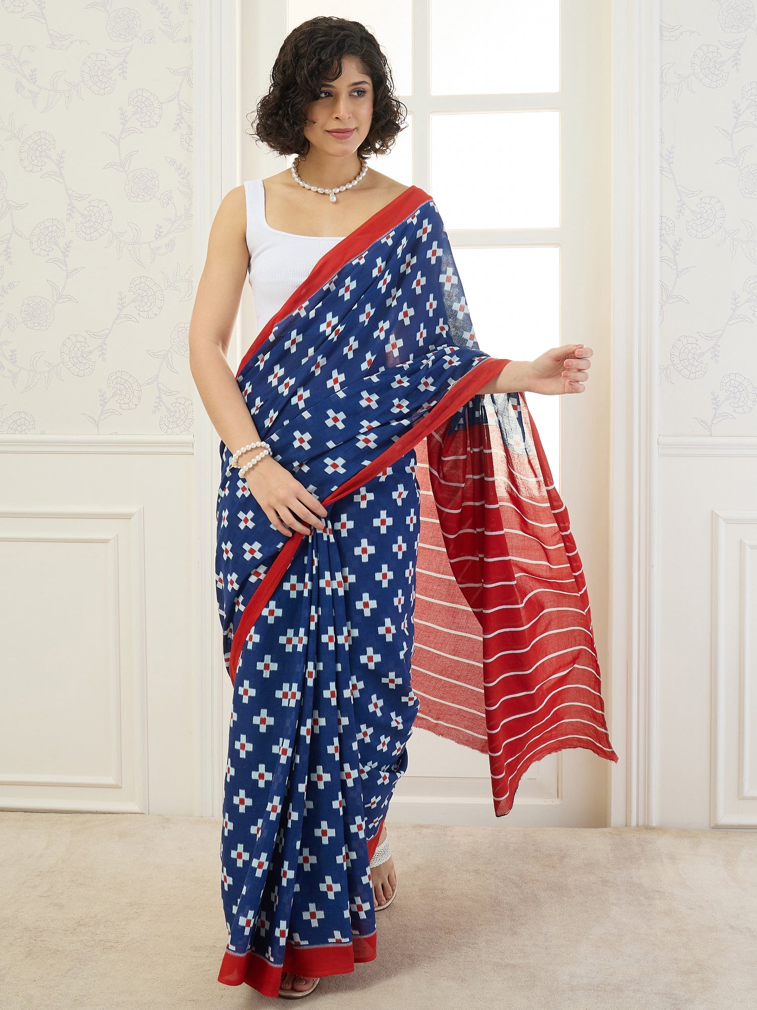 Blue Cross Motif Saree