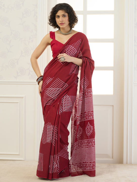 Maroon Geometric Print Saree