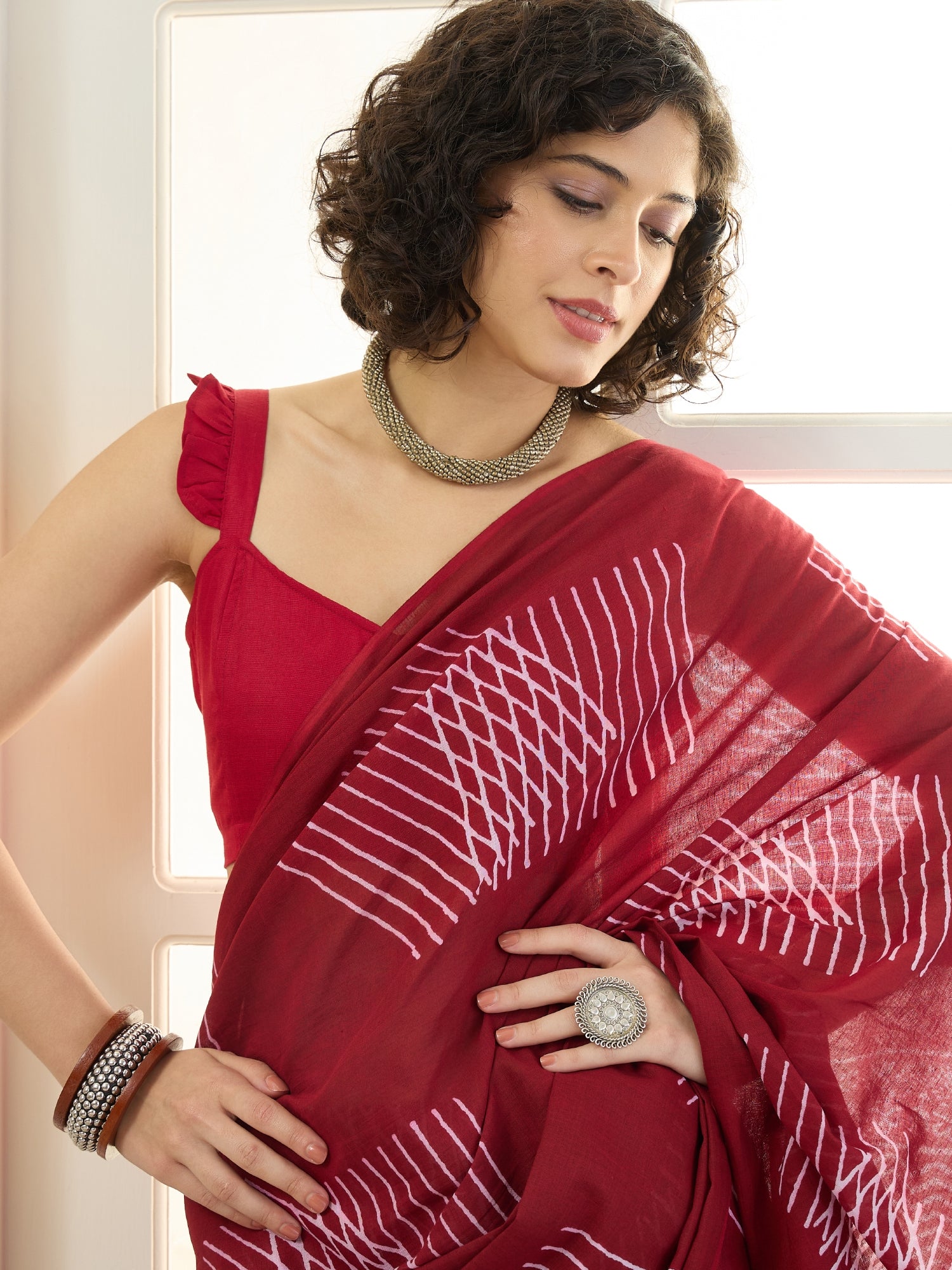 Maroon Geometric Print Saree