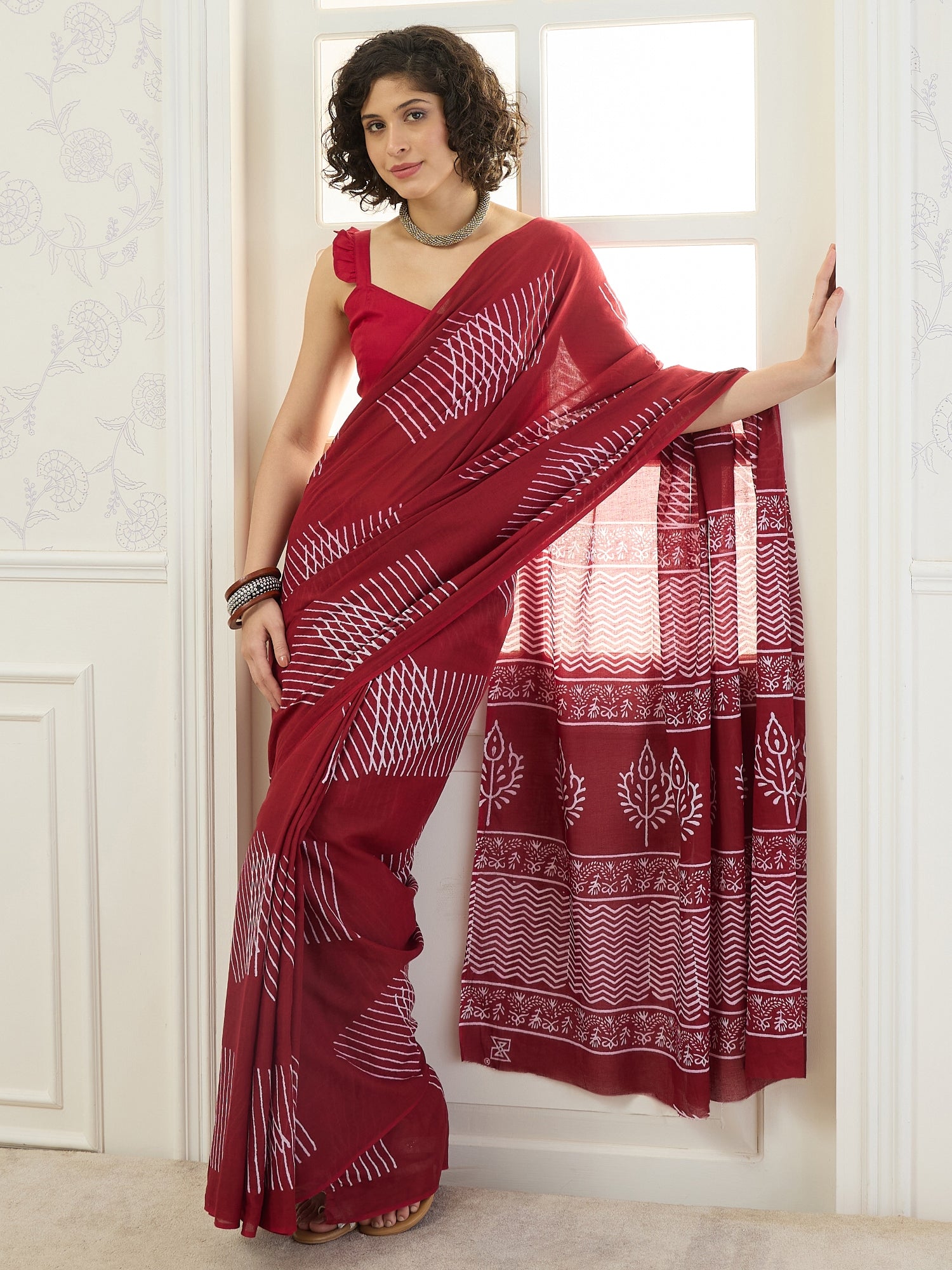 Maroon Geometric Print Saree