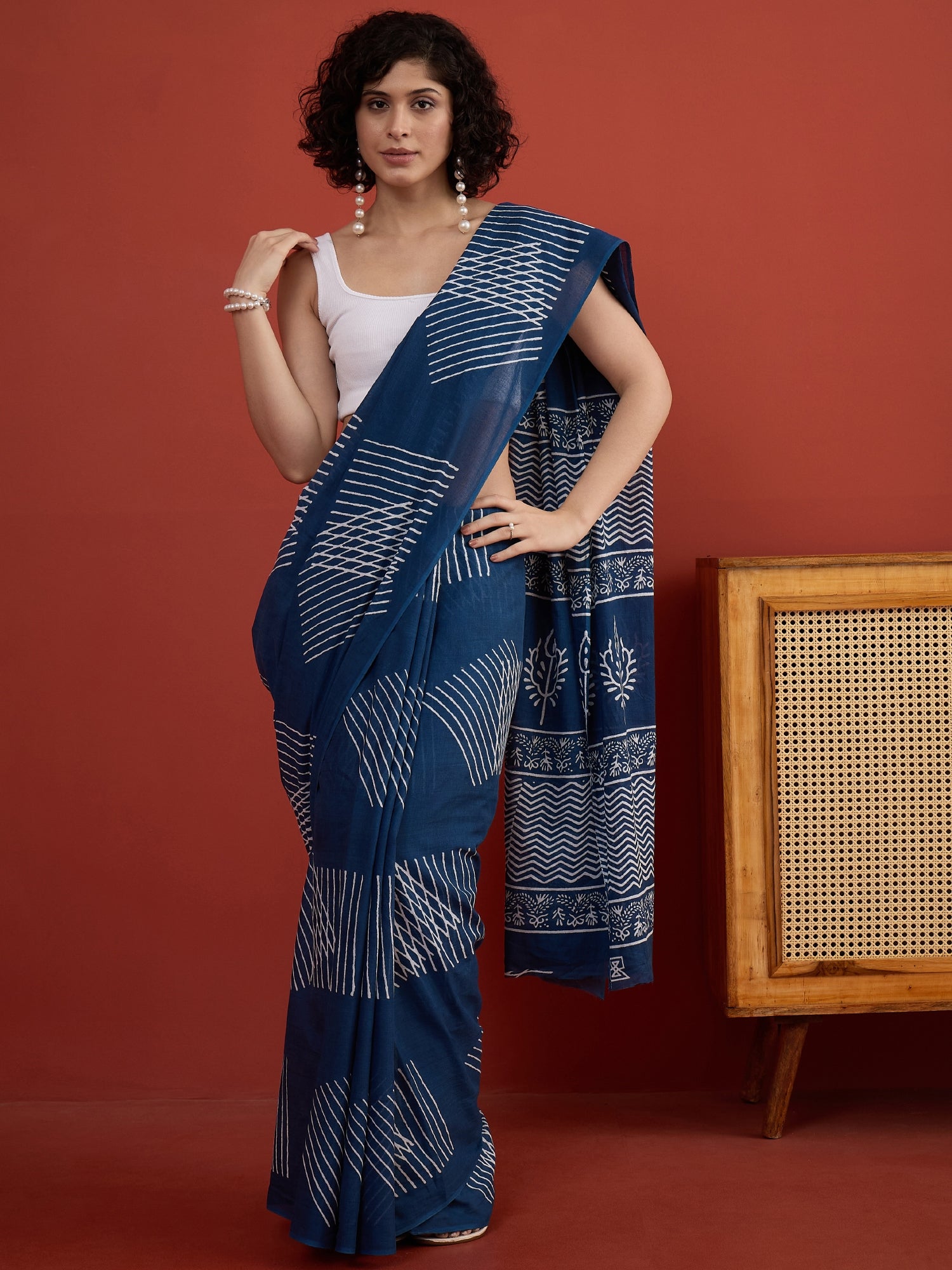 Indigo Geometric Print Saree