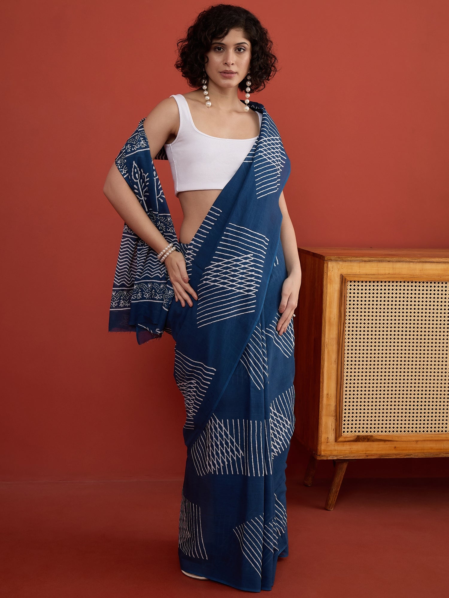 Indigo Geometric Print Saree