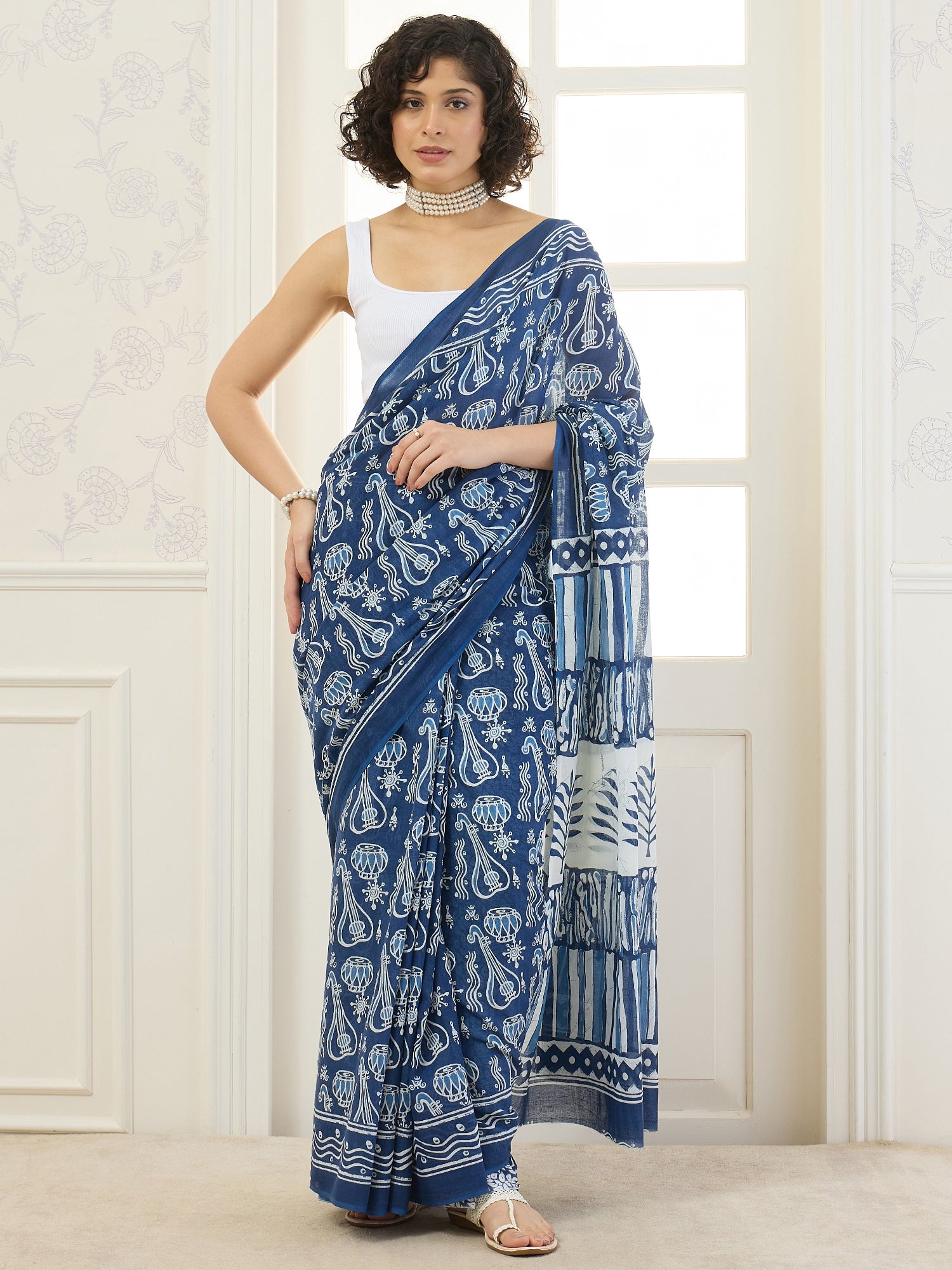 Blue Musical Instruments Saree