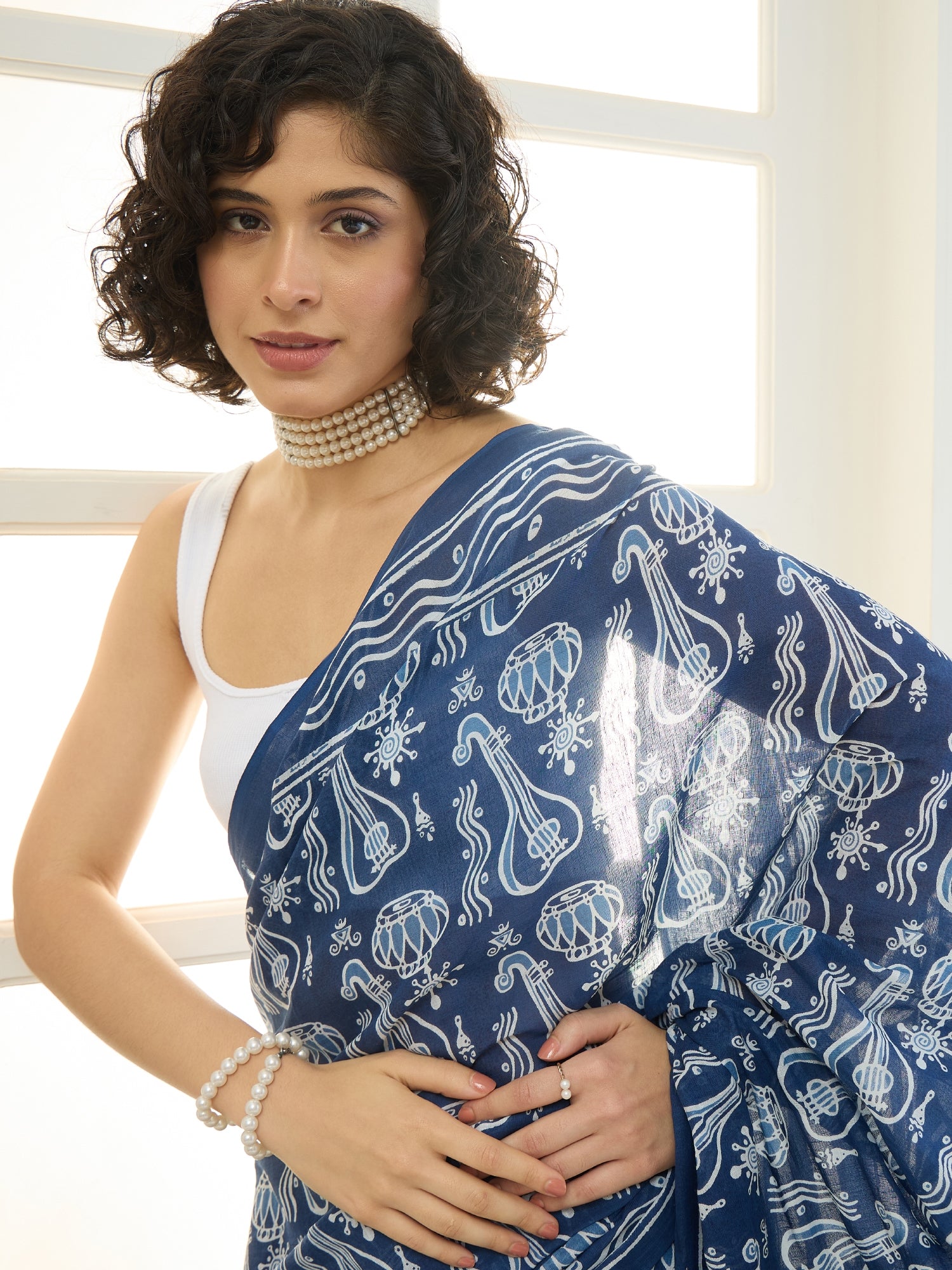 Blue Musical Instruments Saree