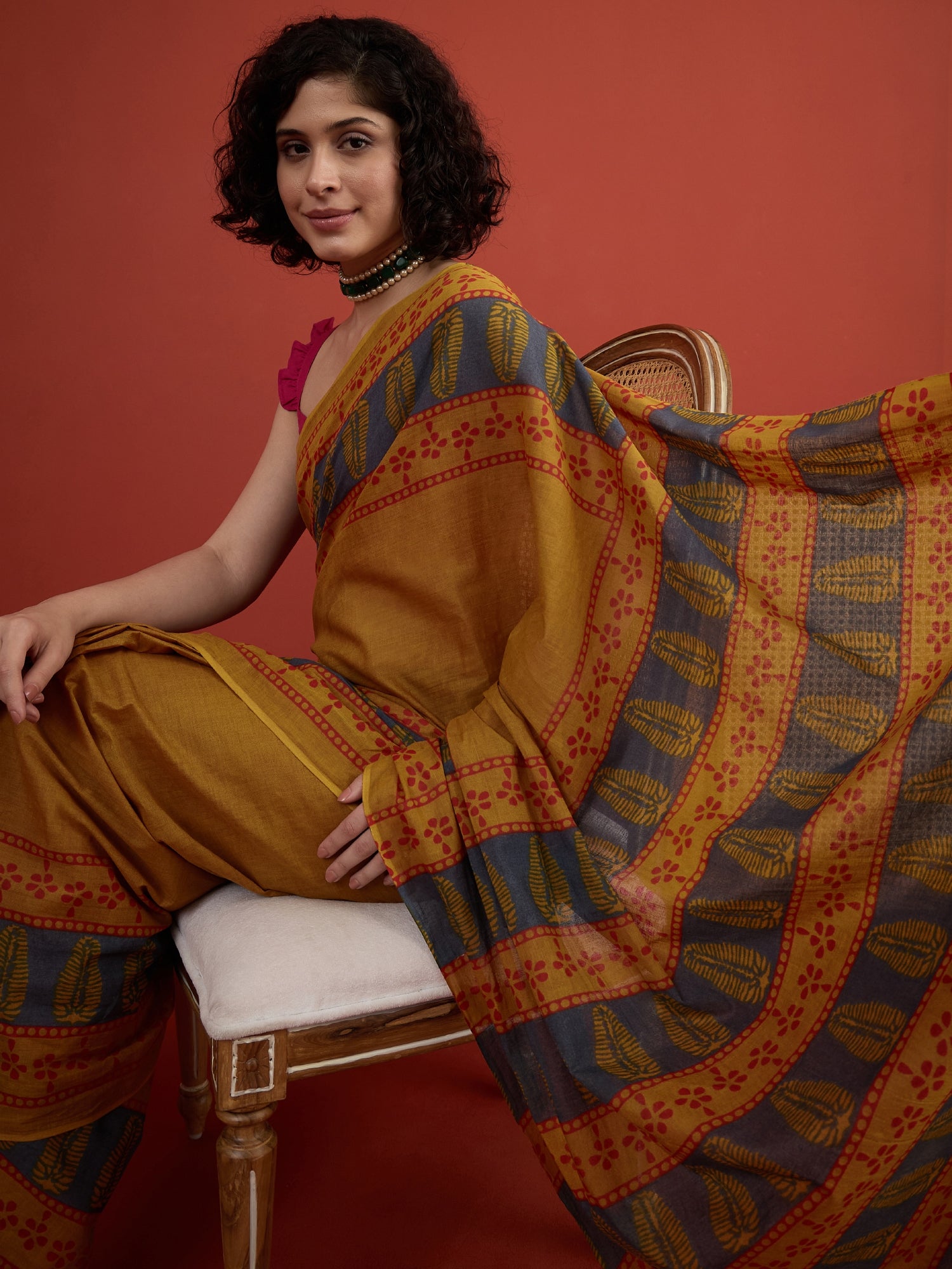 Dark Yellow Printed Saree