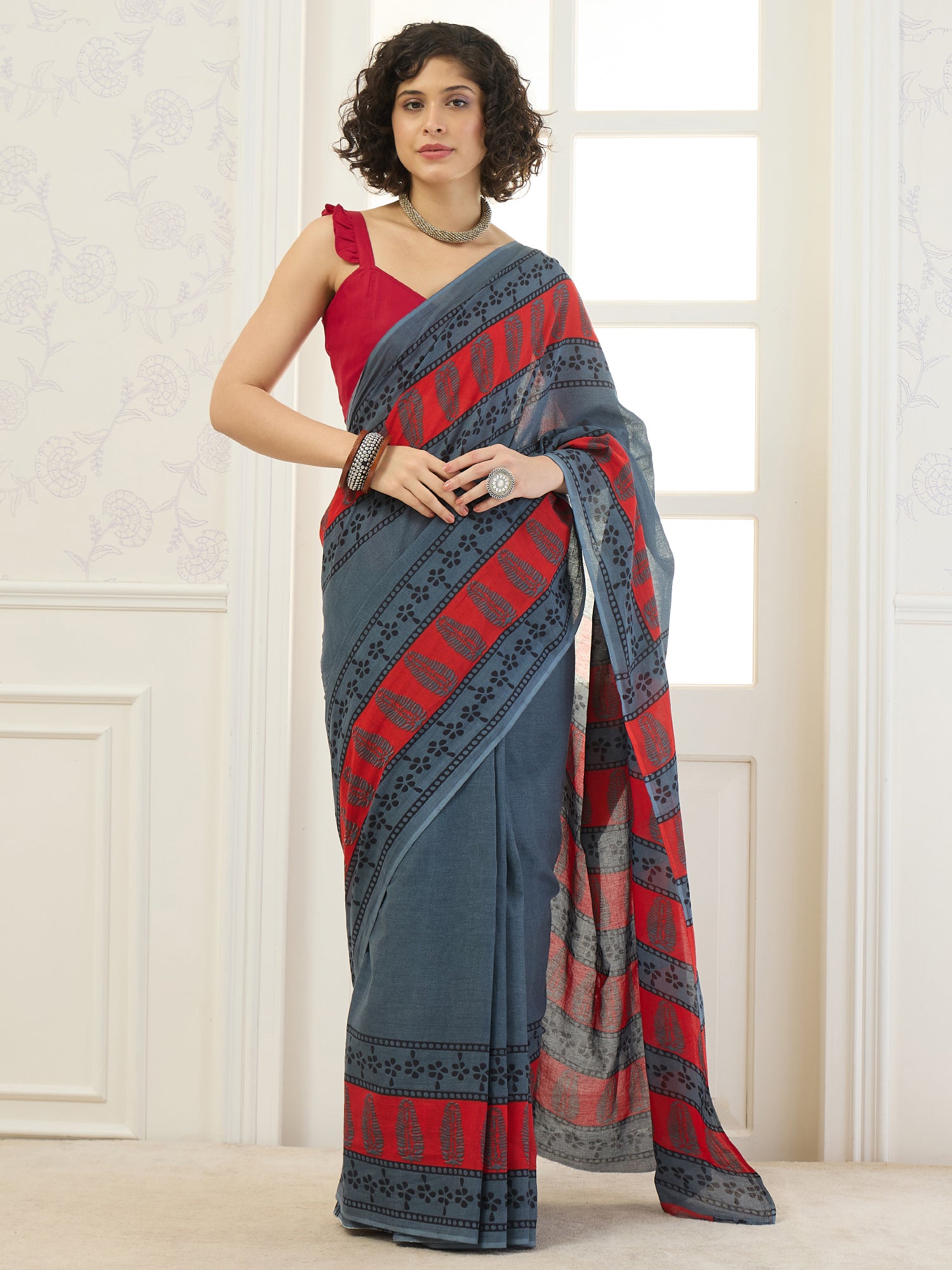 Silver Grey Classic Border Saree