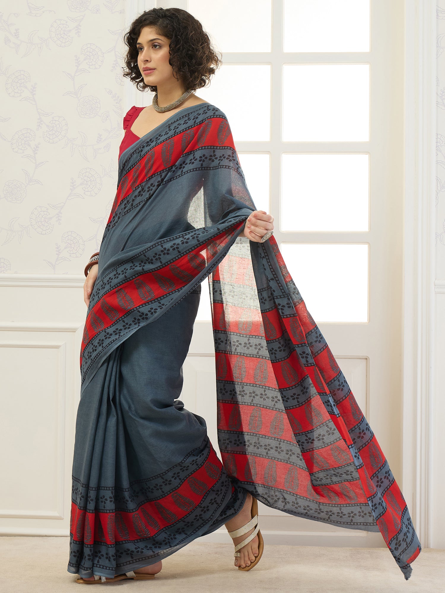 Silver Grey Classic Border Saree