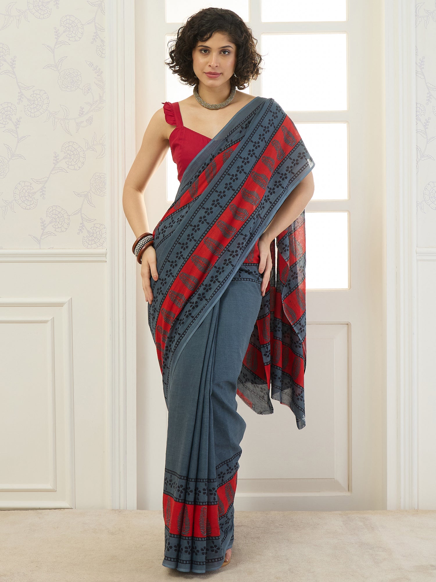 Silver Grey Classic Border Saree