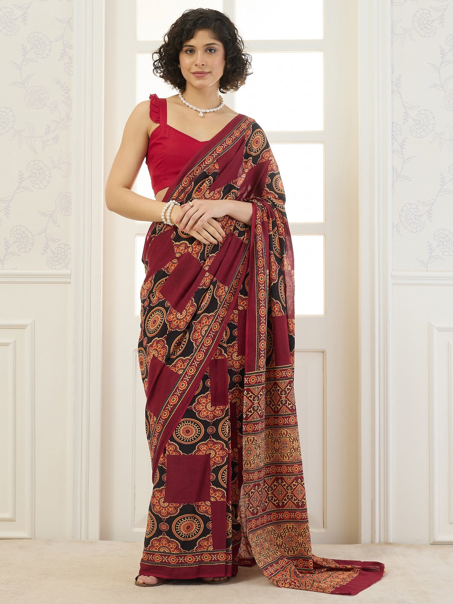 Maroon Printed Border Patch Saree