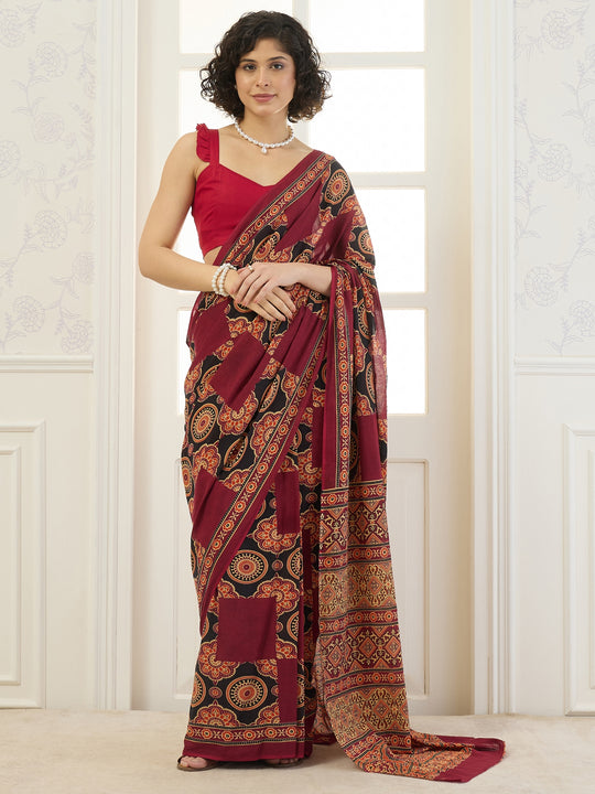 Maroon Printed Border Patch Saree