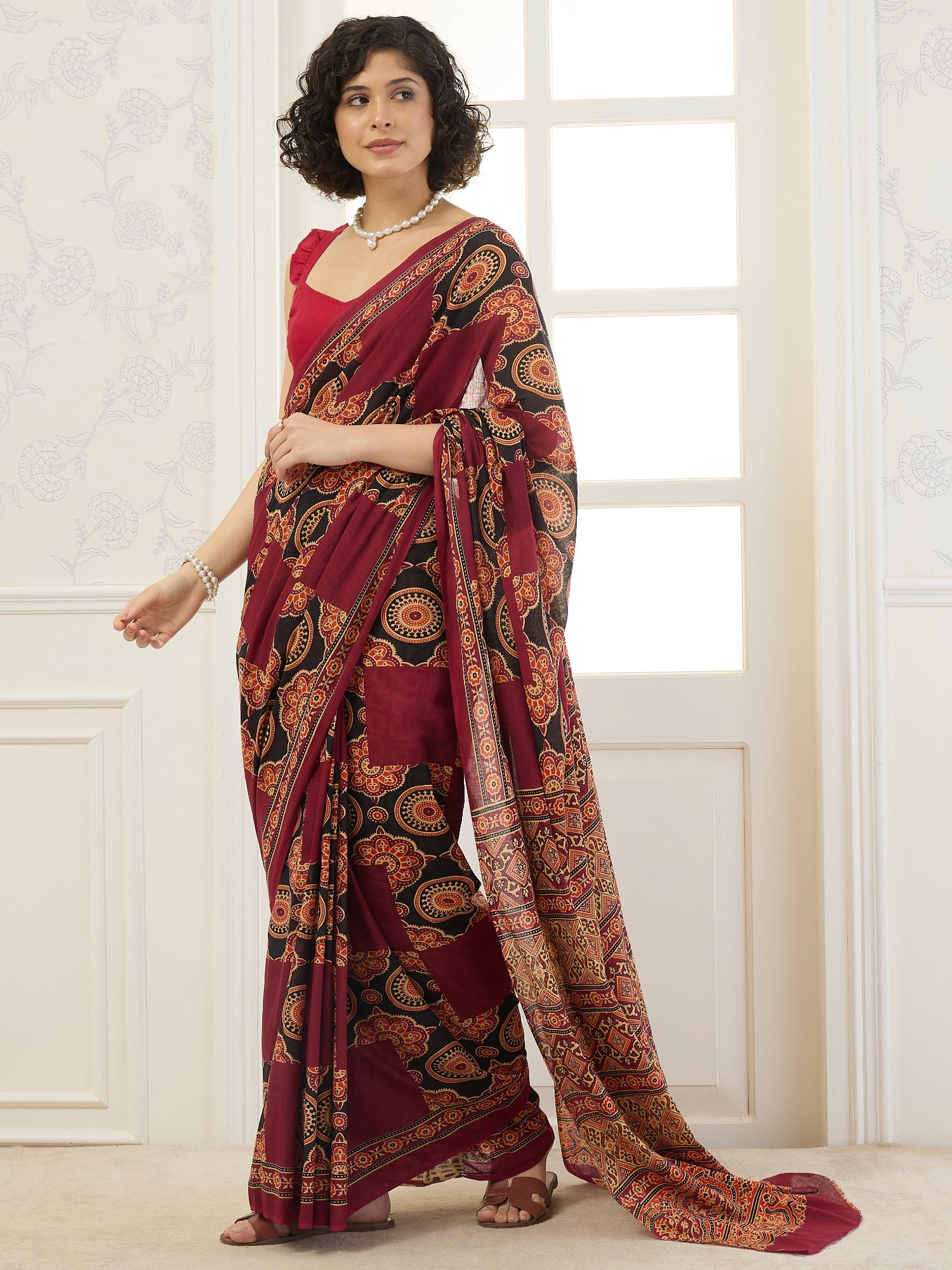 Maroon Printed Border Patch Saree