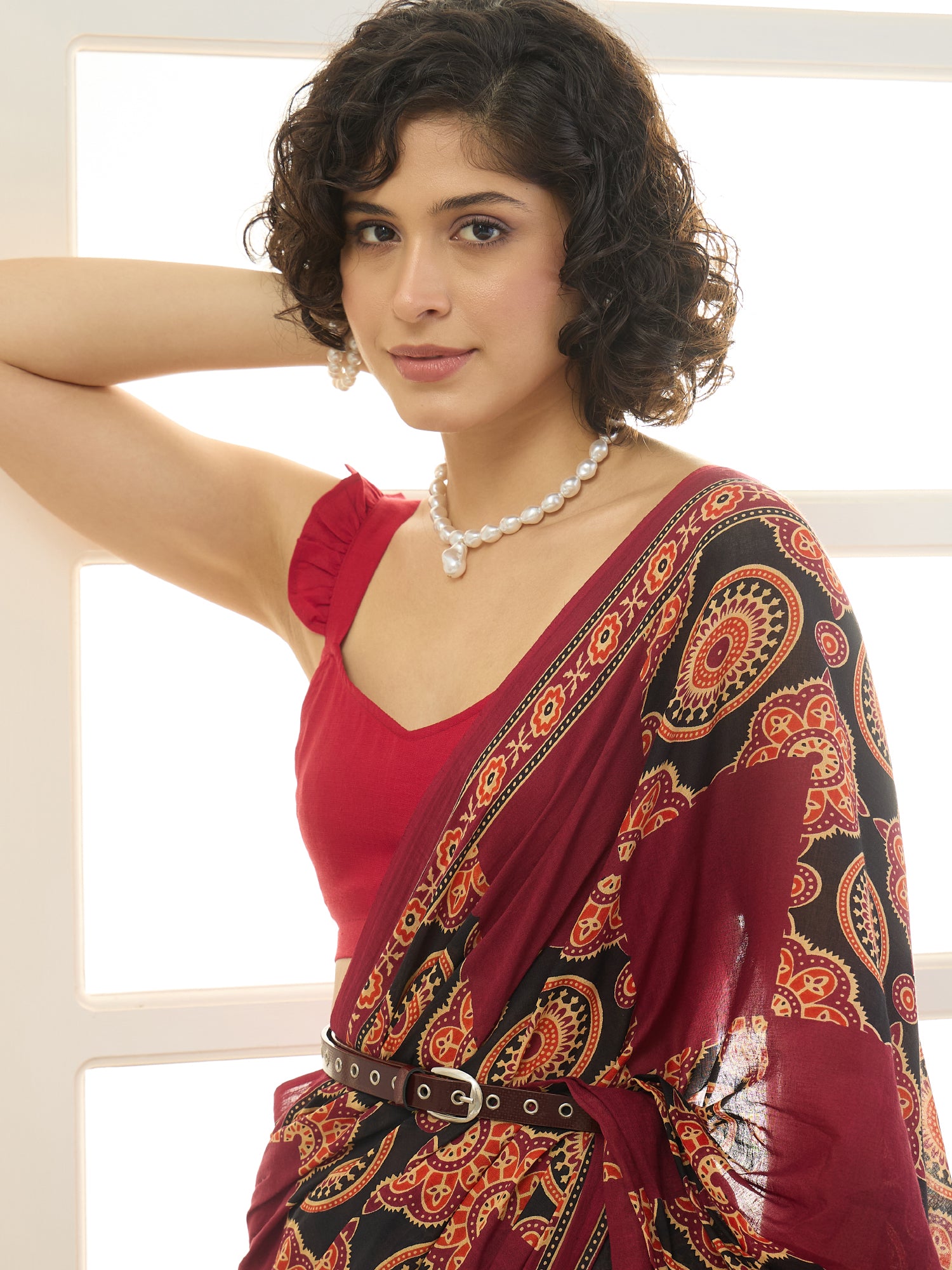 Maroon Printed Border Patch Saree