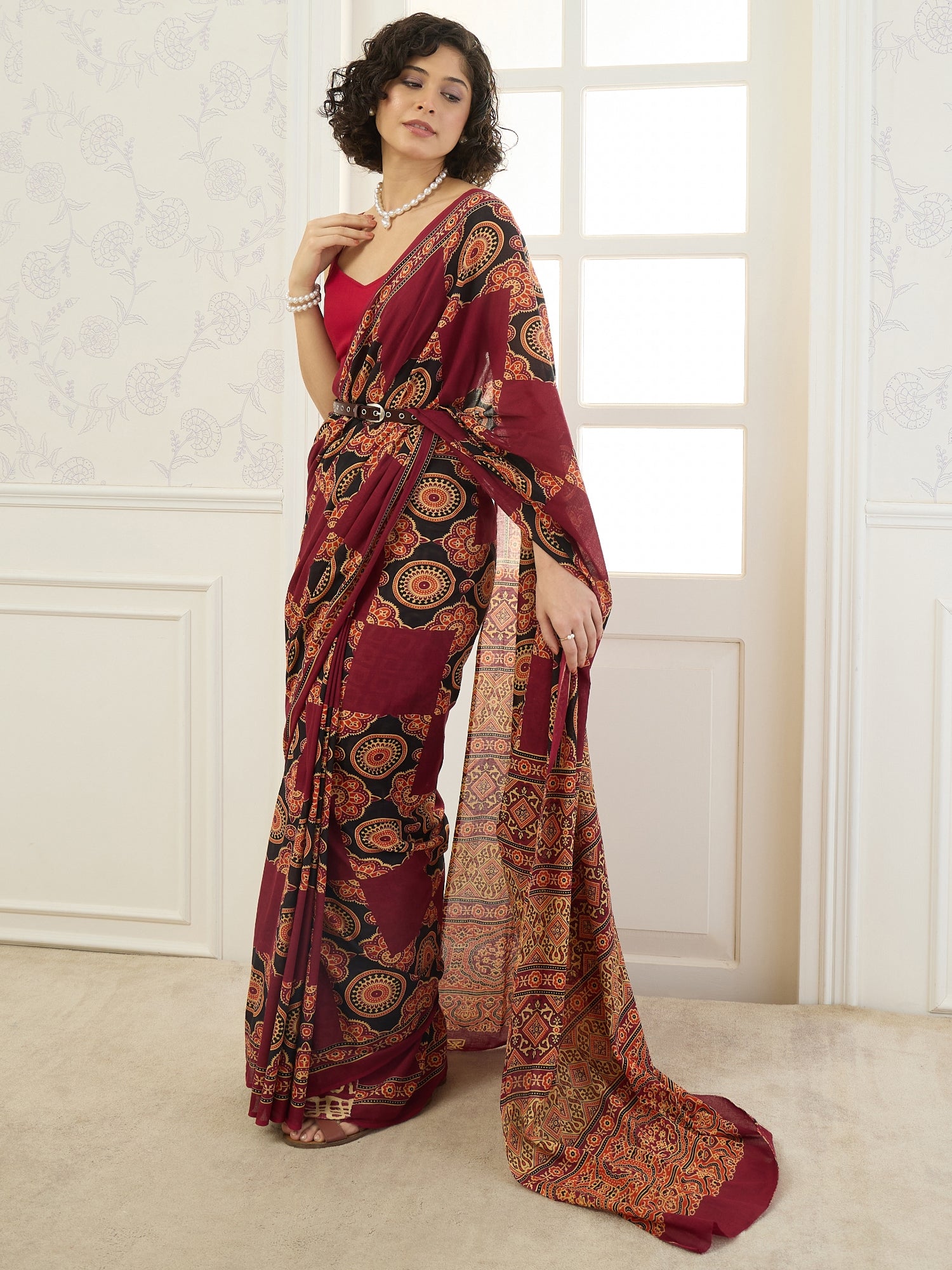 Maroon Printed Border Patch Saree