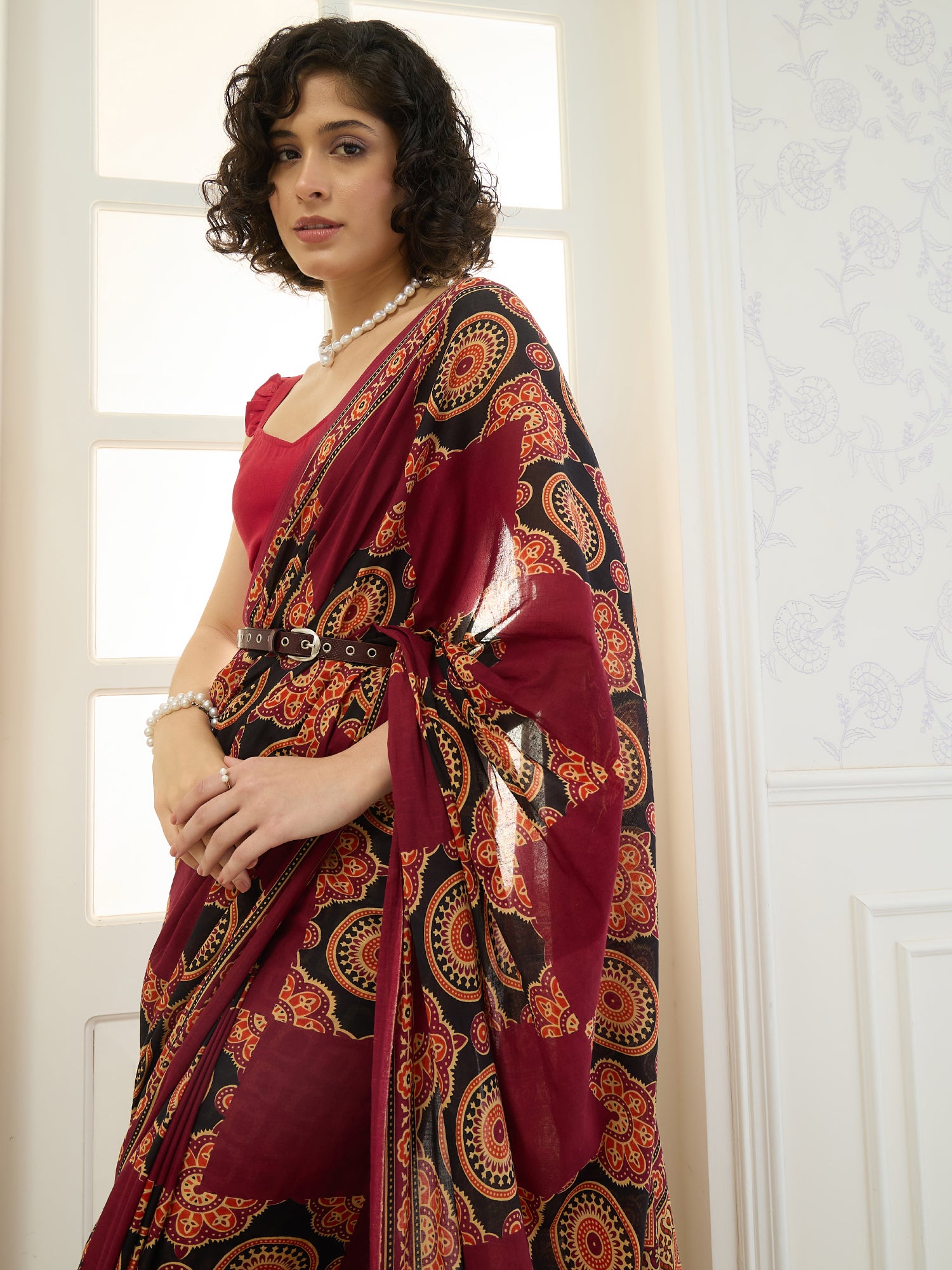 Maroon Printed Border Patch Saree