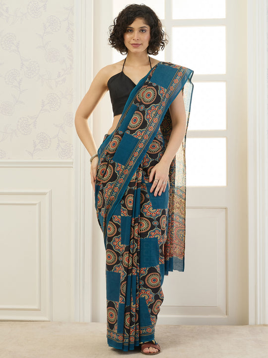 Indigo Solid Printed Patch Saree