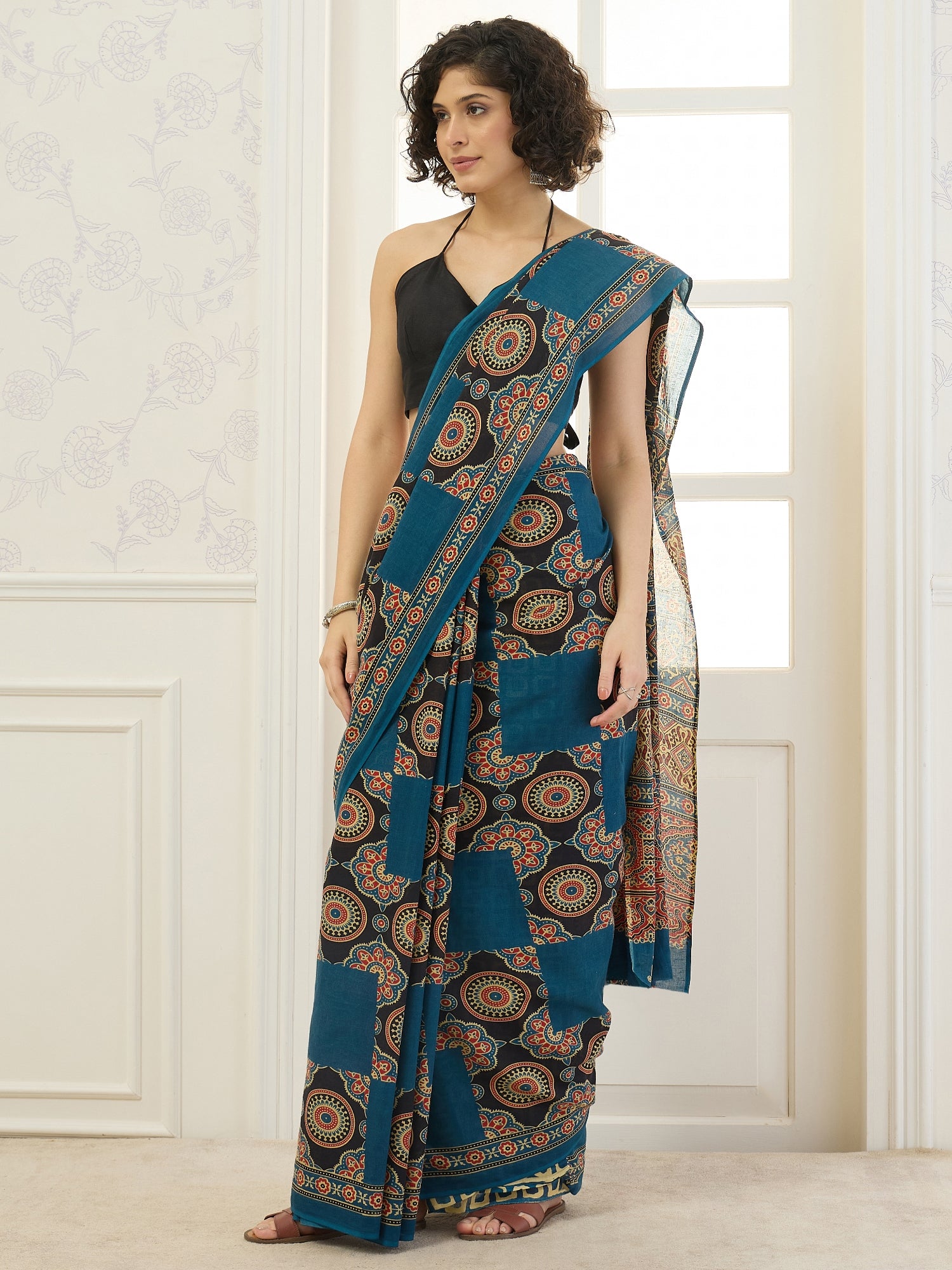 Indigo Solid Printed Patch Saree