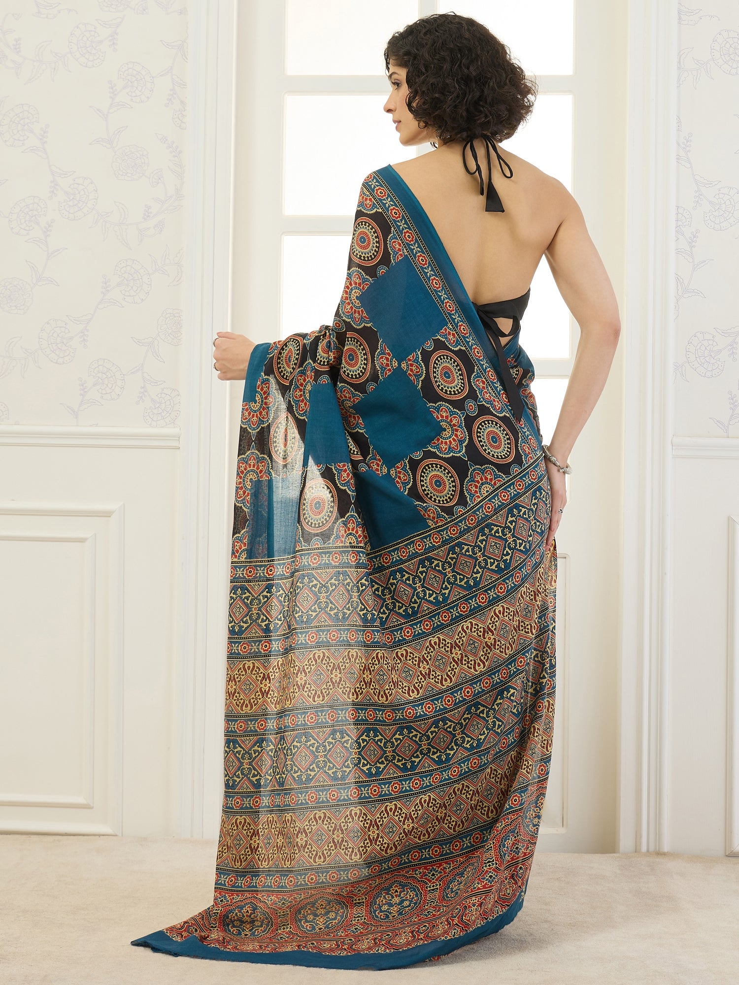 Indigo Solid Printed Patch Saree