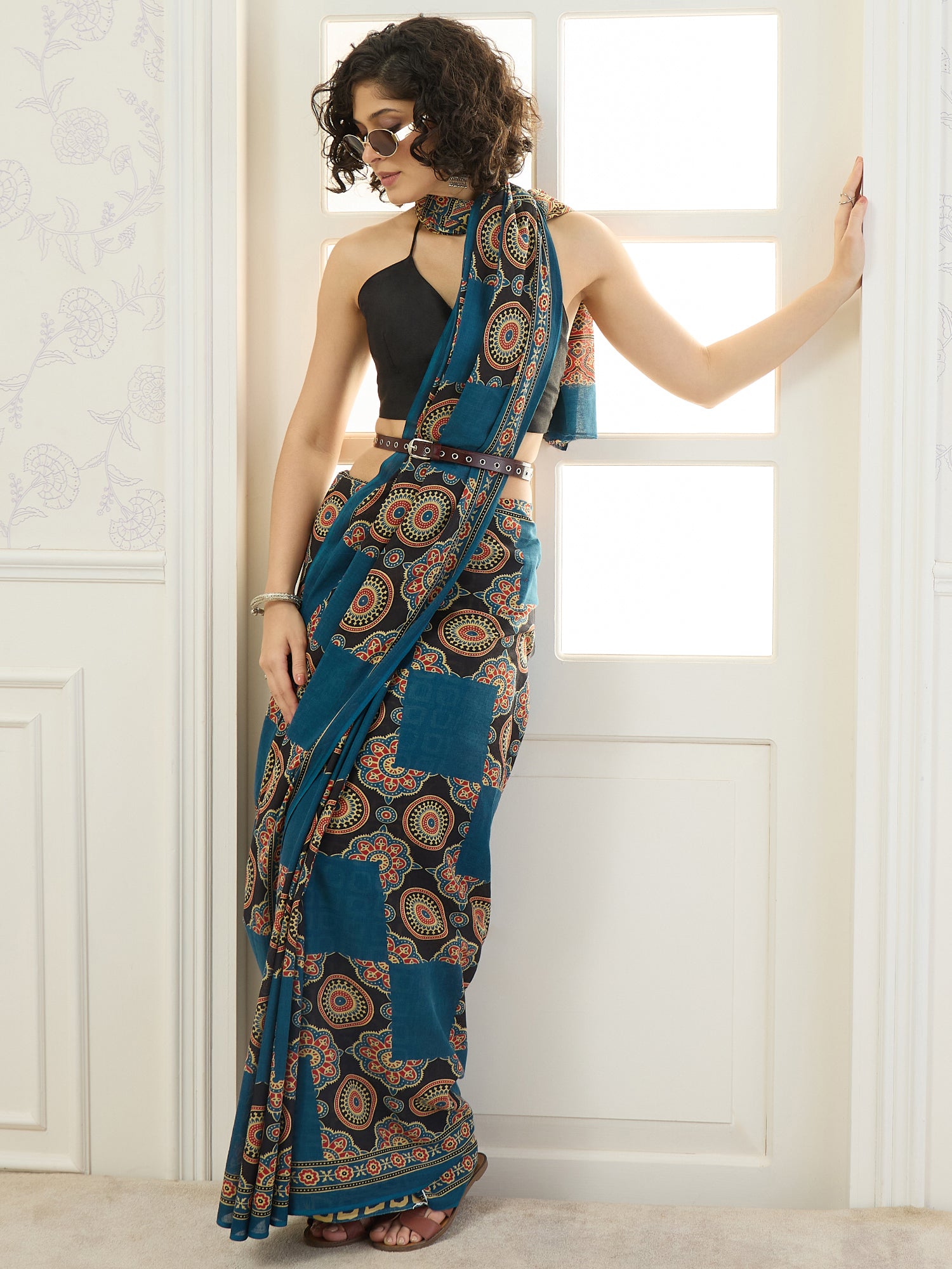 Indigo Solid Printed Patch Saree