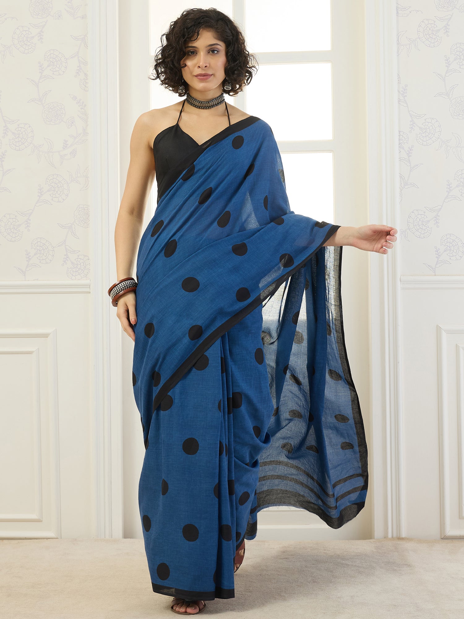 Blue Black Polka Dot Saree