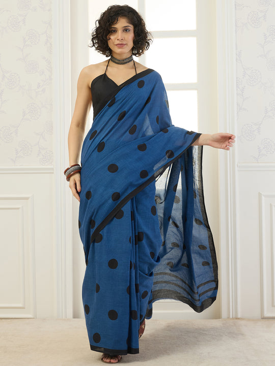 Blue Black Polka Dot Saree