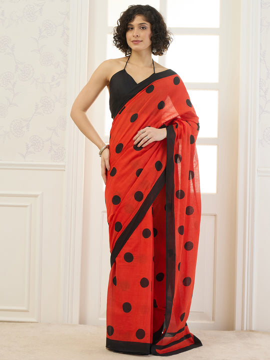 Red Black Polka Dot Saree