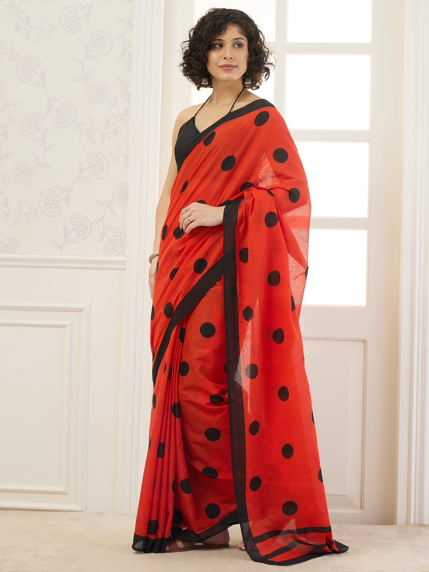 Red Black Polka Dot Saree