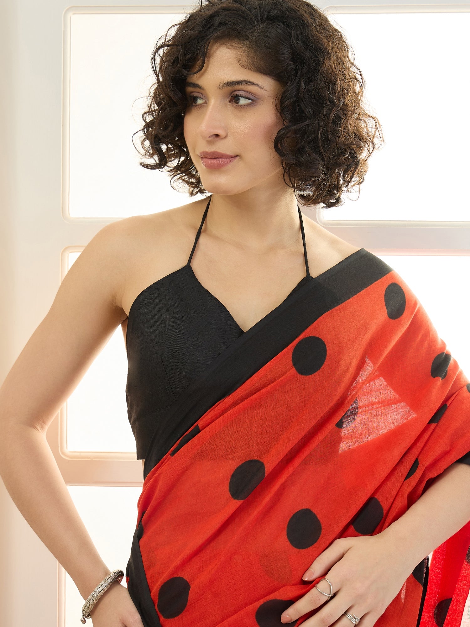Red Black Polka Dot Saree