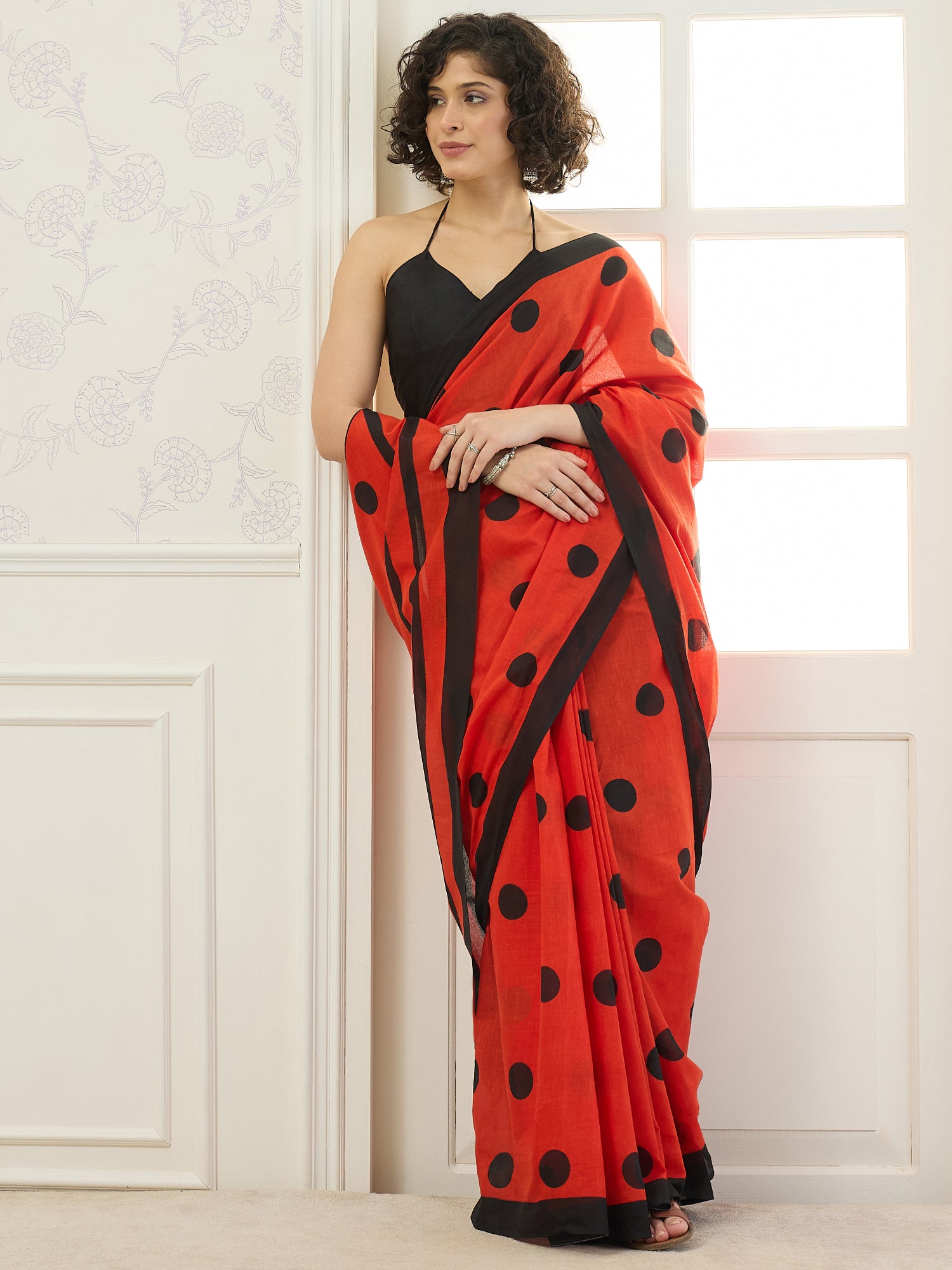 Red Black Polka Dot Saree