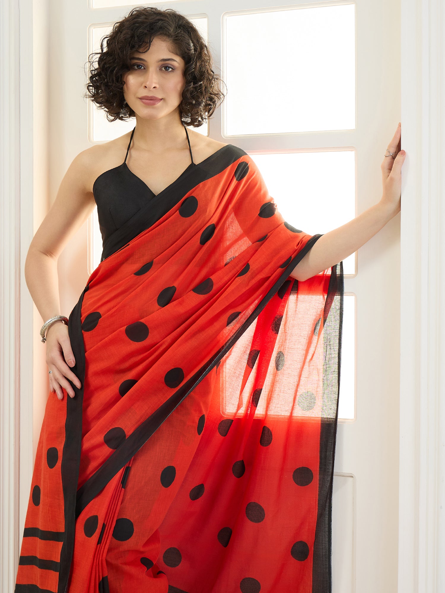 Red Black Polka Dot Saree