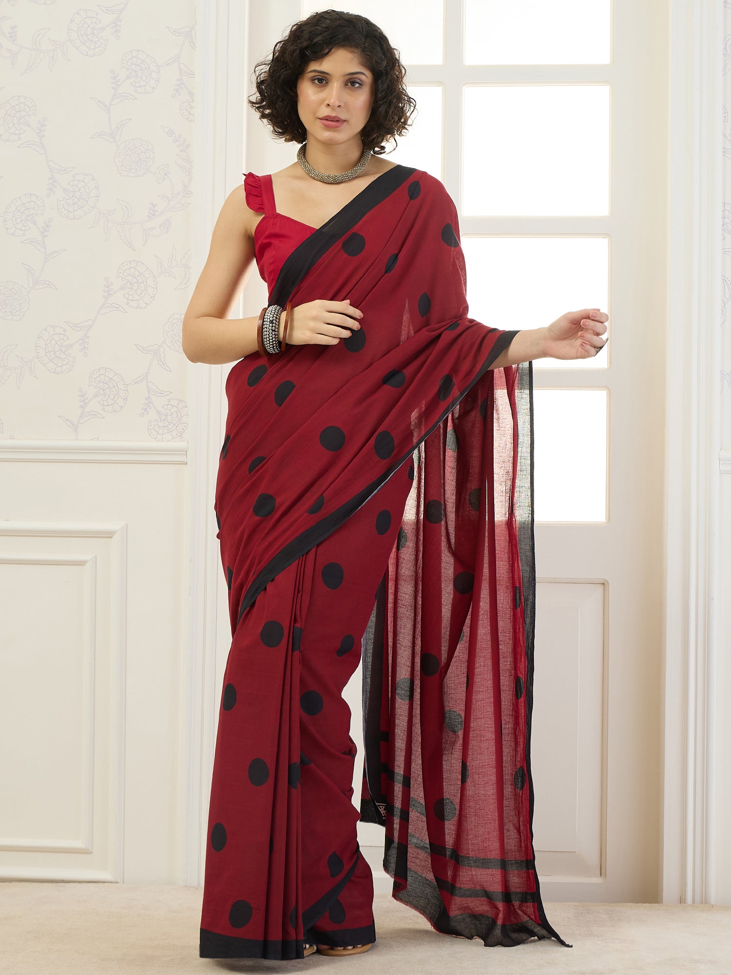 Maroon Black Polka Dot Saree